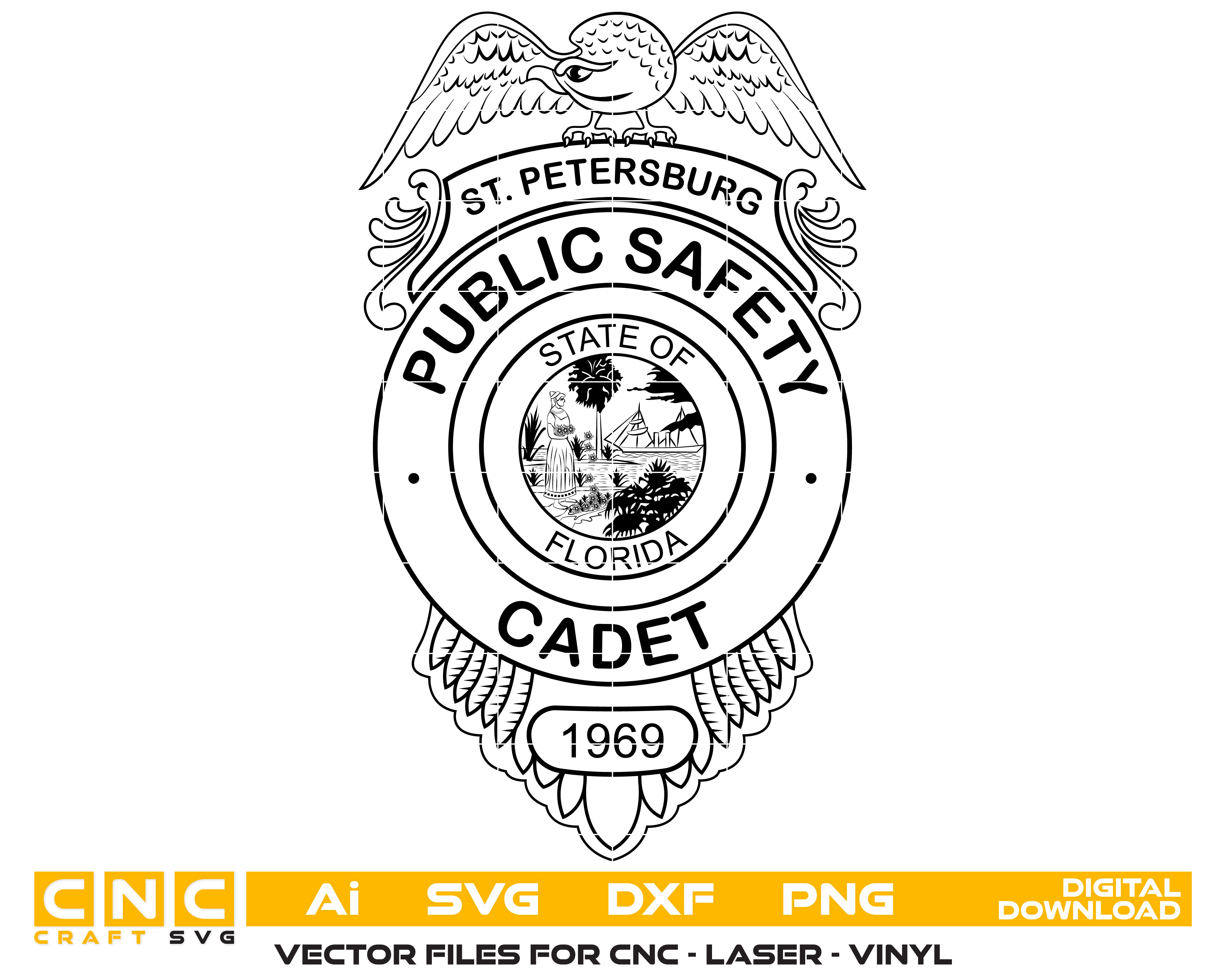 St. Petersburg Public Safety Cadet Badge SVG
Florida Police Cadet Vector Design
St. Pete Public Safety Emblem
Law Enforcement Cadet Badge for Engraving
Florida State Seal Badge CNC File