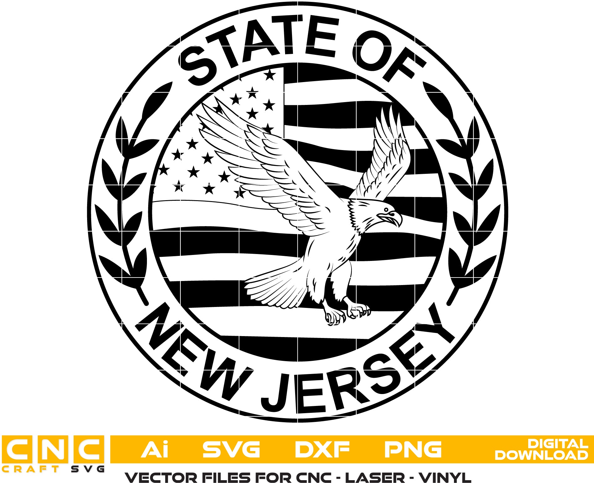 State of New Jersey Eagle Logo SVG
Patriotic Eagle and Flag Vector Design
New Jersey State Pride Engraving File
Soaring Bald Eagle Sign CNC File
American Flag Circular Seal Vector for Laser Cutting