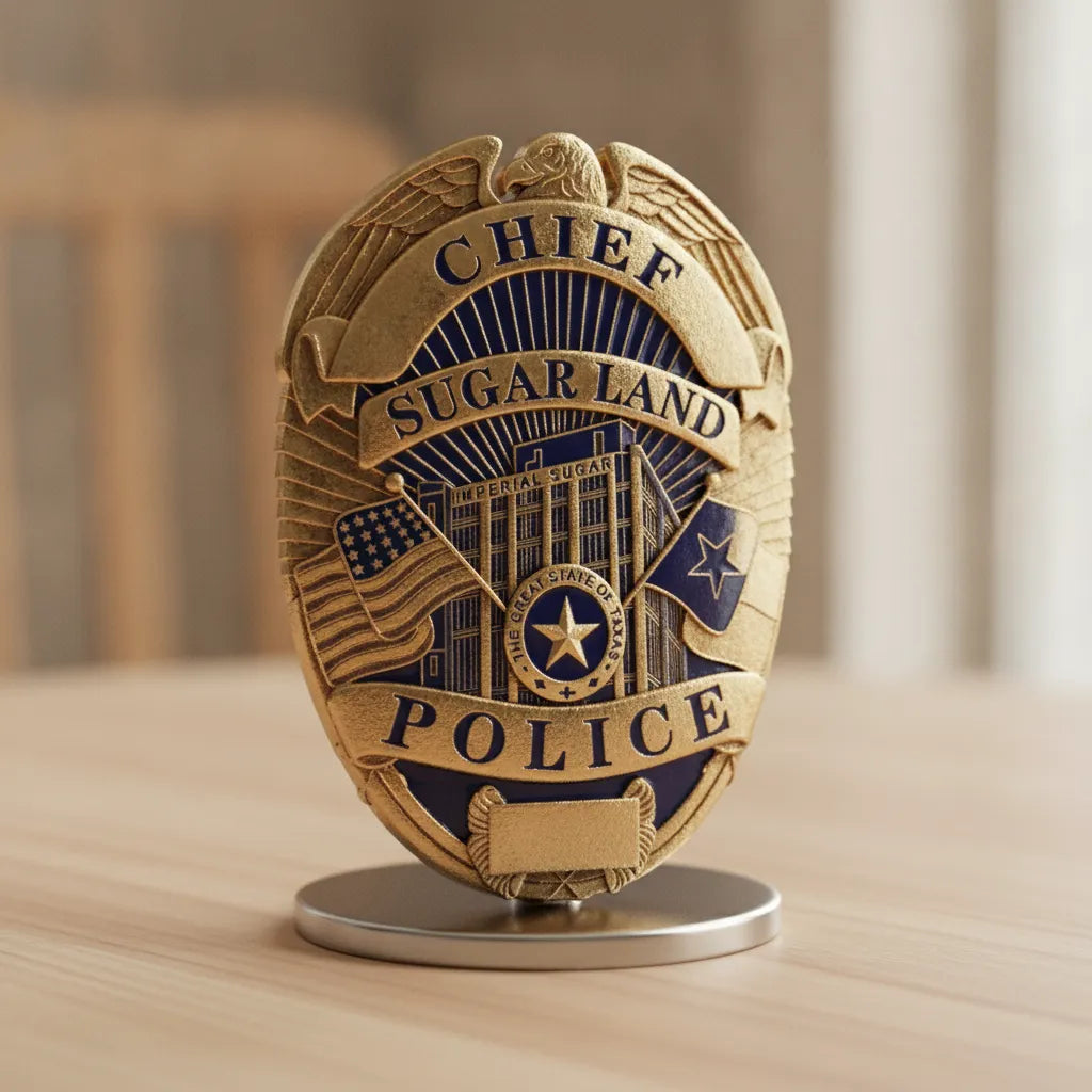 Sugar Land TX Police Chief Badge SVG
Texas Law Enforcement Shield Vector
Imperial Sugar Building Engraving File
Eagle Topped Police Badge Sign CNC File
Blank Plate Chief Shield Vector for Lasers