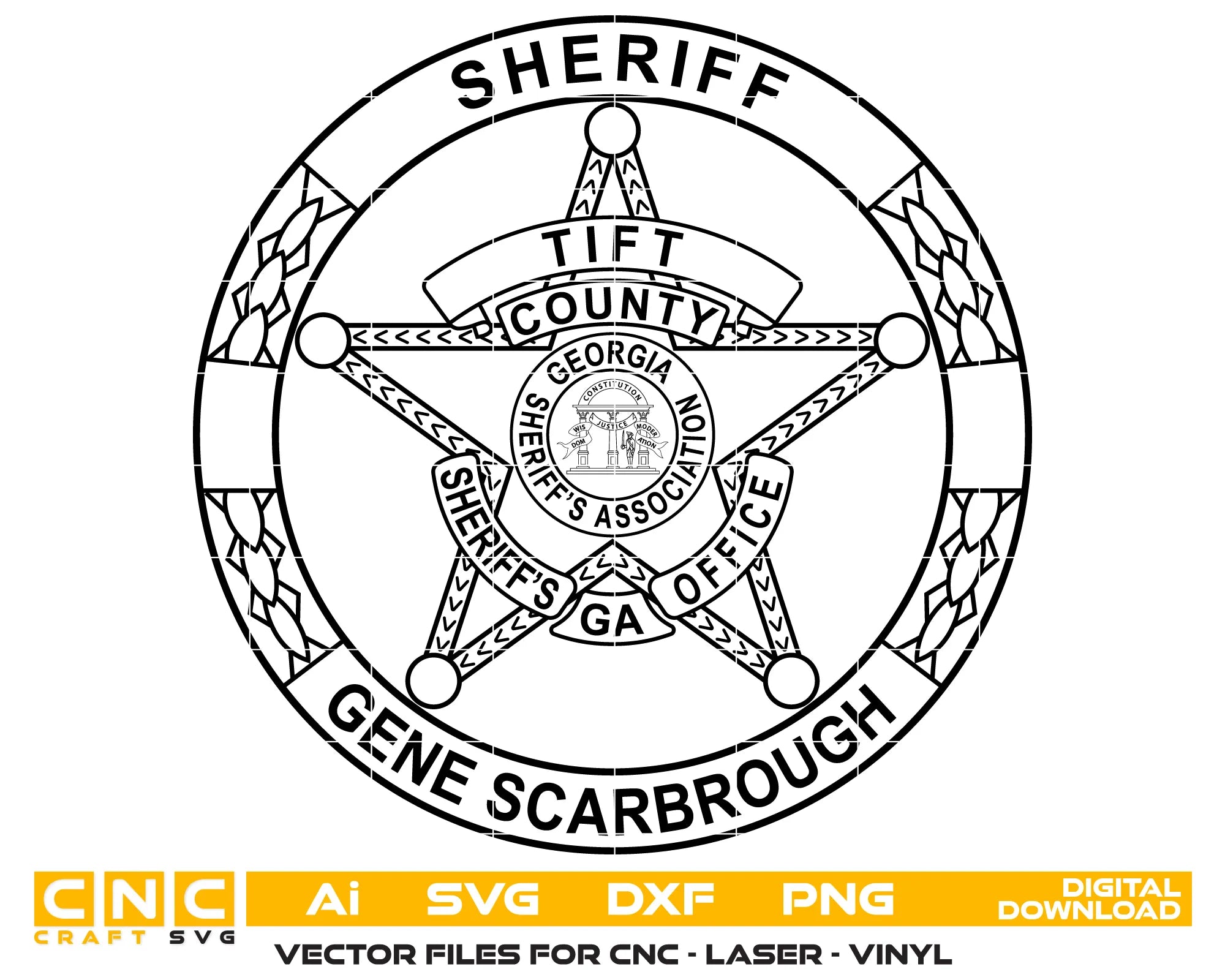 Tift County Sheriff Badge SVG
Georgia Law Enforcement Vector
Tift County Sheriff Star Emblem
Officer Plaque Engraving File
Tift County Sheriff Sign CNC File