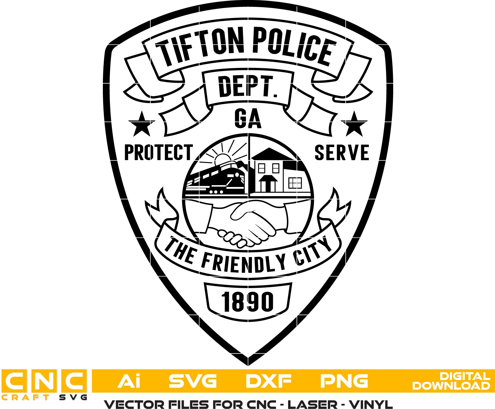 Tifton Police Department Patch SVG
Georgia Law Enforcement Vector Design
Friendly City Seal Engraving File
Tifton GA Police Sign CNC File
Police Shield Patch Vector for Laser Cutting