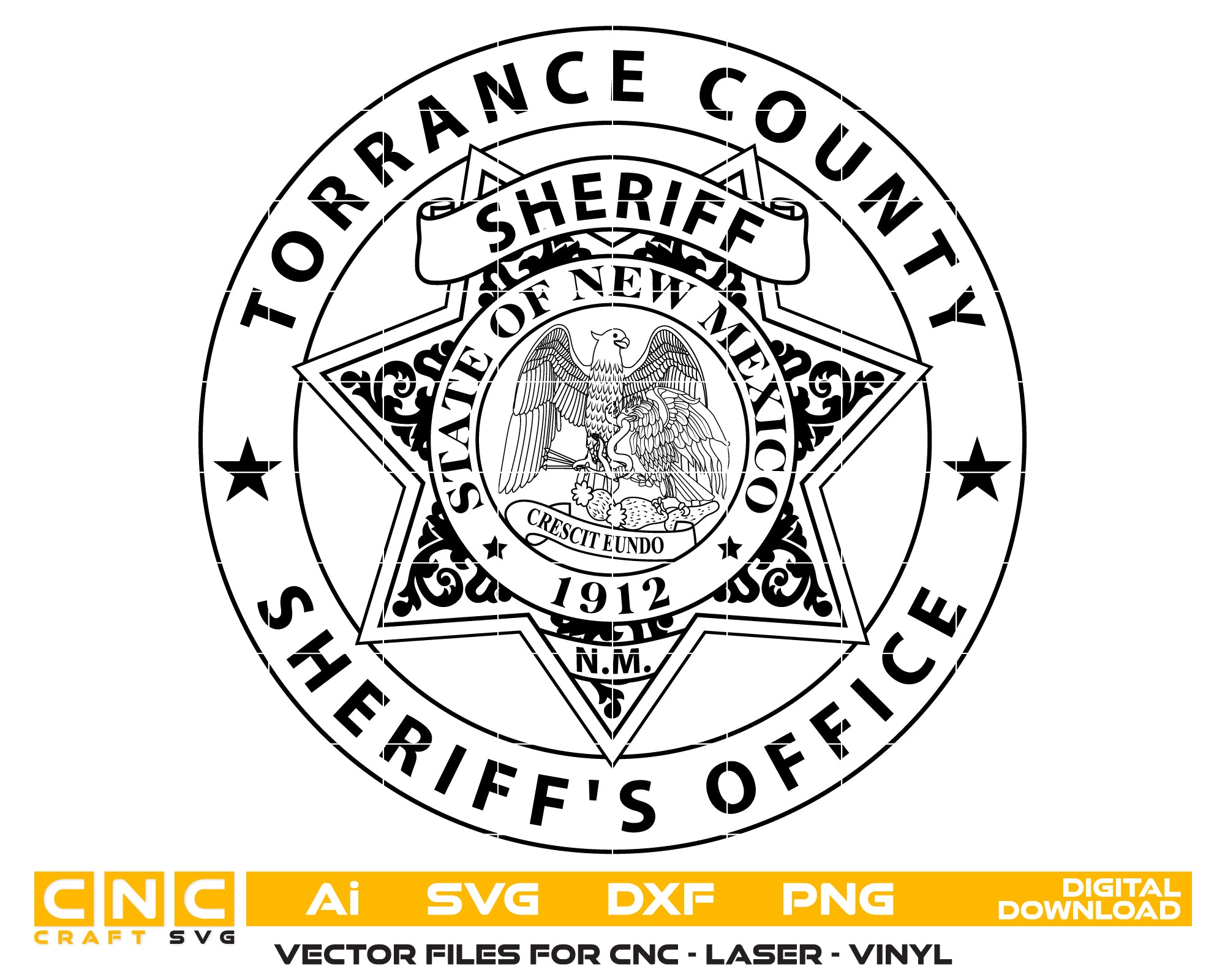 Torrance County Sheriff Badge SVG
New Mexico Law Enforcement Vector
Sheriff Office 6-Point Star Emblem
Deputy Plaque Engraving File
Torrance County Sign CNC File