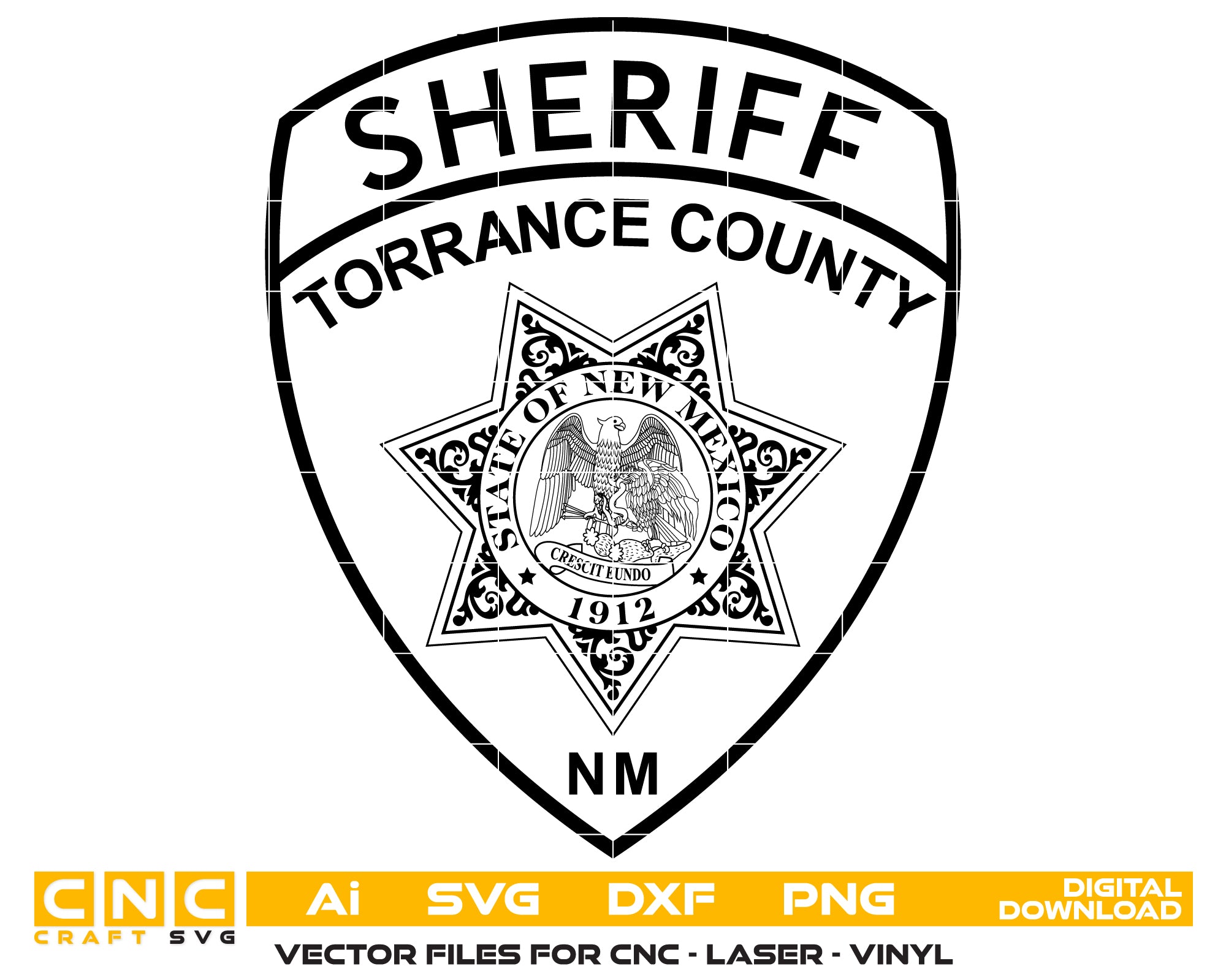 Torrance County Sheriff Badge SVG
New Mexico Law Enforcement Vector Design
6-Point Star Shield Engraving File
Torrance County NM Sheriff Sign CNC File
State of New Mexico Seal Vector for Laser Cutting