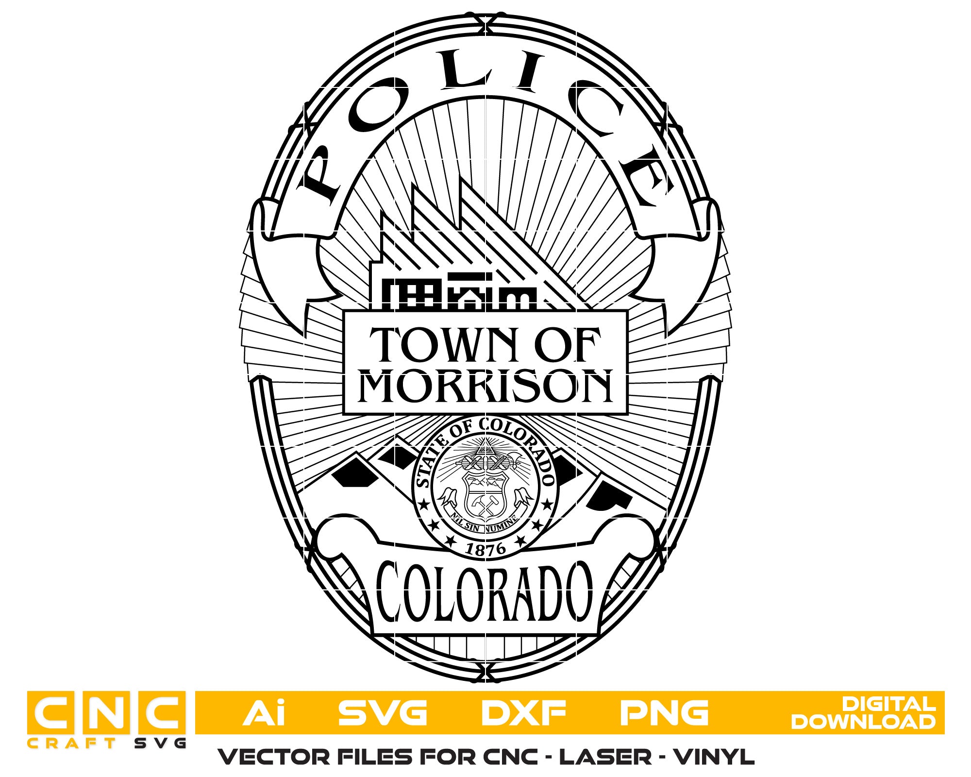 Town of Morrison Police Badge SVG
Colorado Law Enforcement Vector Design
Red Rocks Police Badge Emblem
Morrison CO Police Shield for Engraving
Colorado State Seal Police Logo CNC File