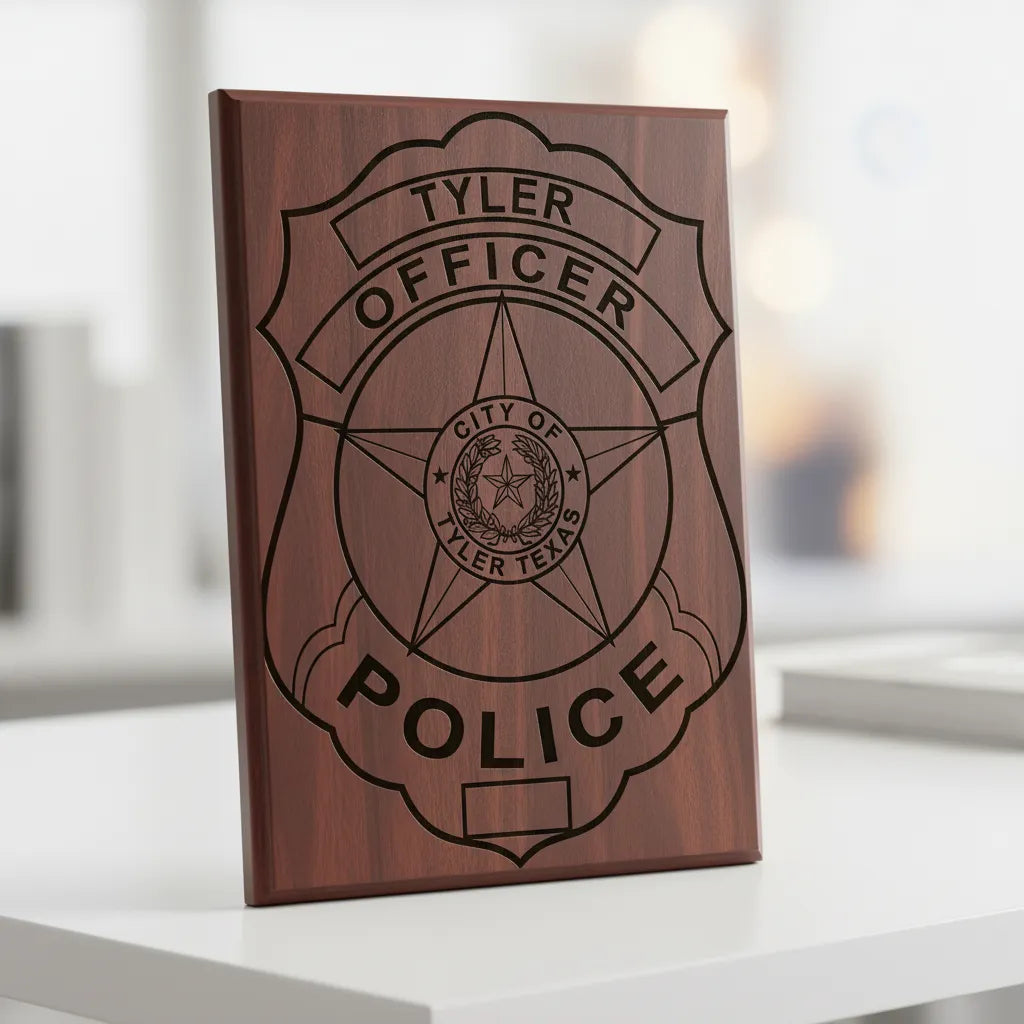 Tyler Police Officer Badge SVG
Texas Law Enforcement Vector Design
5-Point Star Shield Engraving File
City of Tyler TX Sign CNC File
Texas Lone Star Badge Vector for Laser Cutting