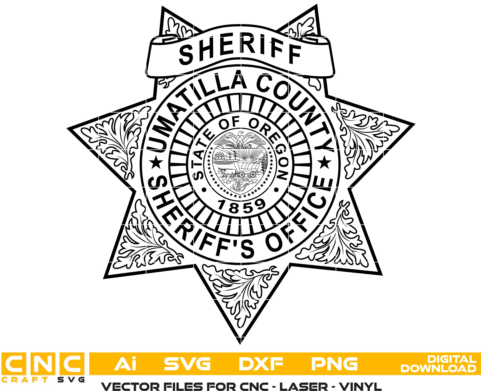 Umatilla County Sheriff Badge SVG
Oregon Law Enforcement Vector Design
6-Point Star Filigree Badge Engraving File
Umatilla County OR Sign CNC File
State of Oregon Seal Vector for Laser Cutting