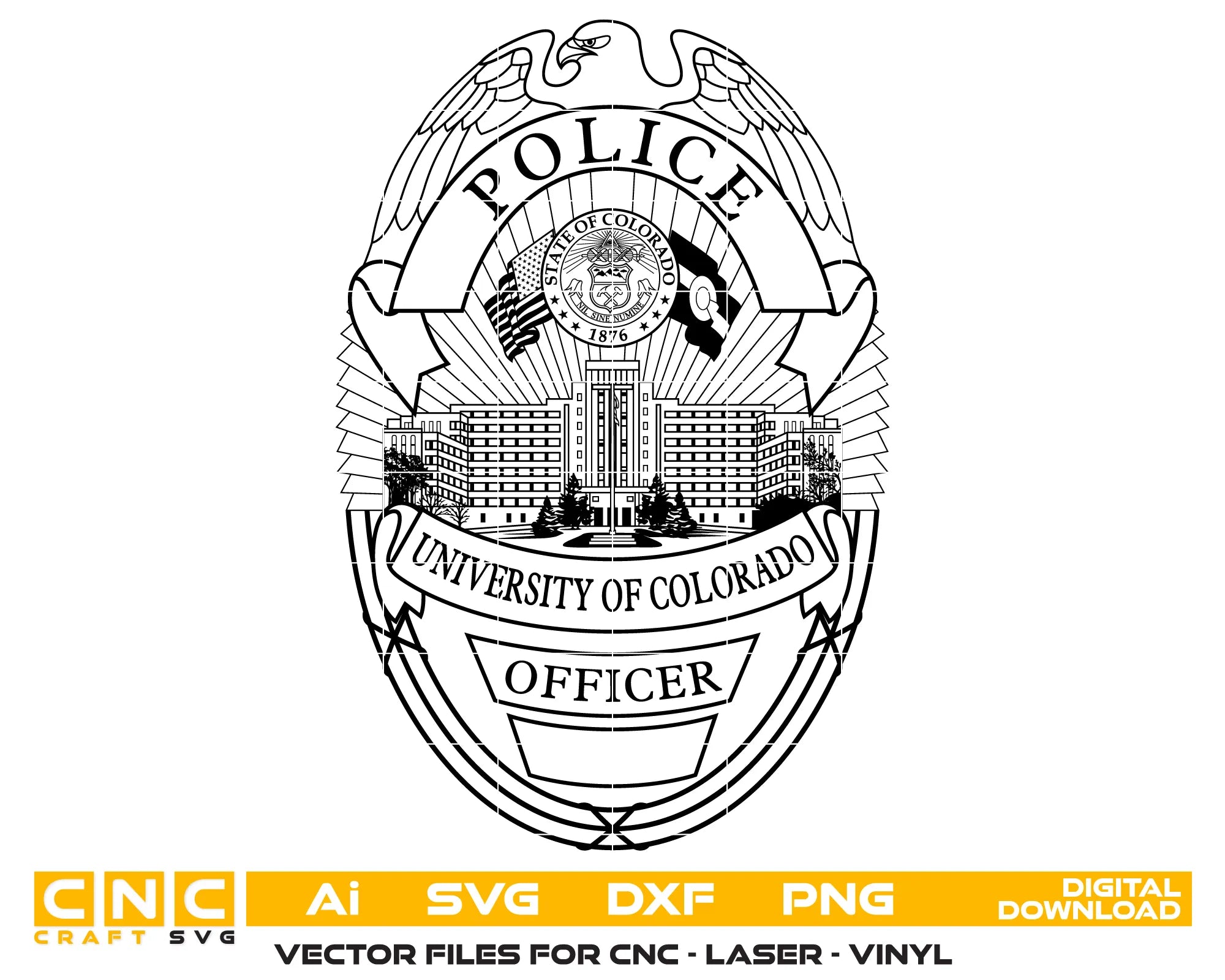 University of Colorado Police Badge SVG
Campus Law Enforcement Vector
Police Oval Badge University Emblem
Officer Plaque Engraving File
CU Police Sign CNC File
