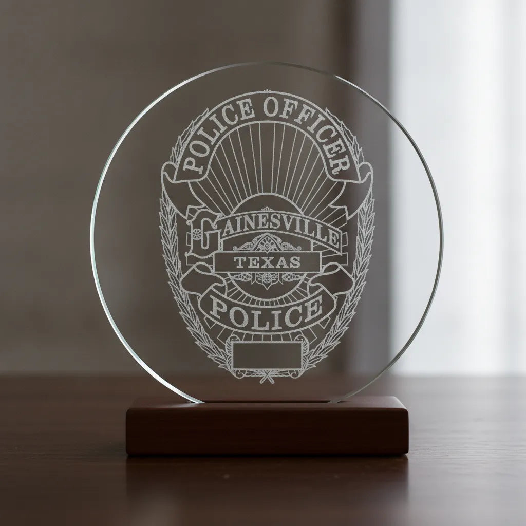 Gainesville Texas Police Officer Badge SVG
Texas Law Enforcement Shield Vector
Gainesville Police Badge Engraving File
Laurel Wreath Cop Badge Sign CNC File
Police Officer Shield Vector for Lasers