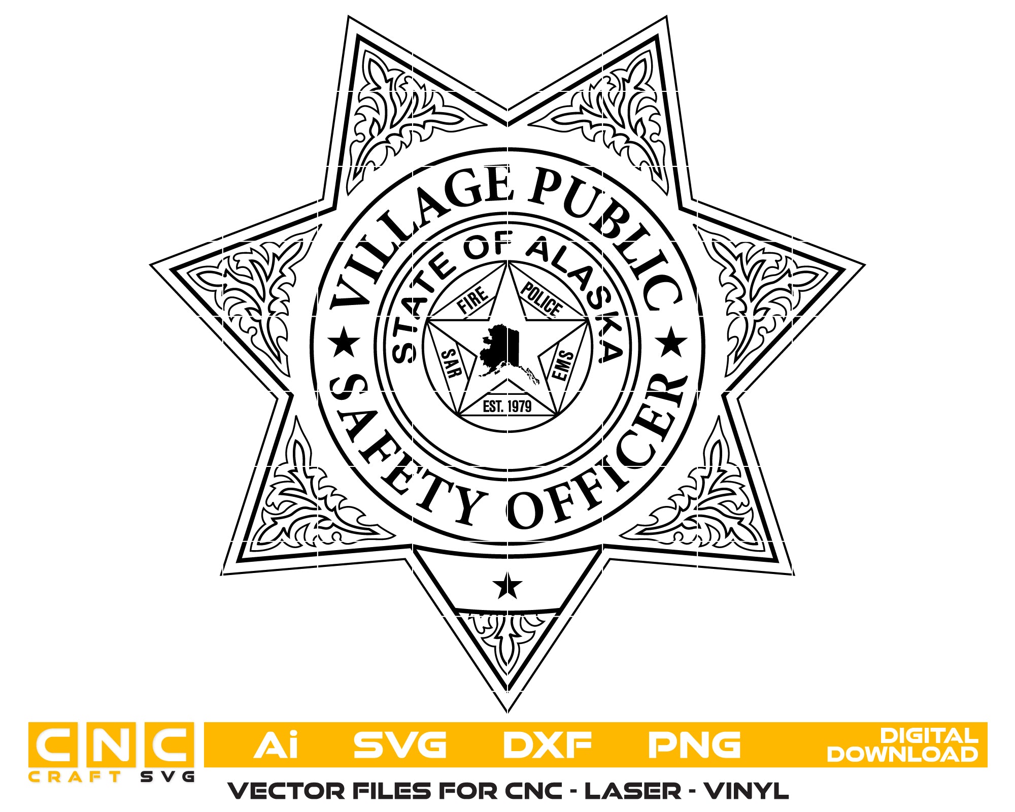 Village Public Safety Officer Badge SVG
Alaska Law Enforcement Vector
VPSO 6-Point Star Emblem
Officer Plaque Engraving File
Alaska VPSO Sign CNC File