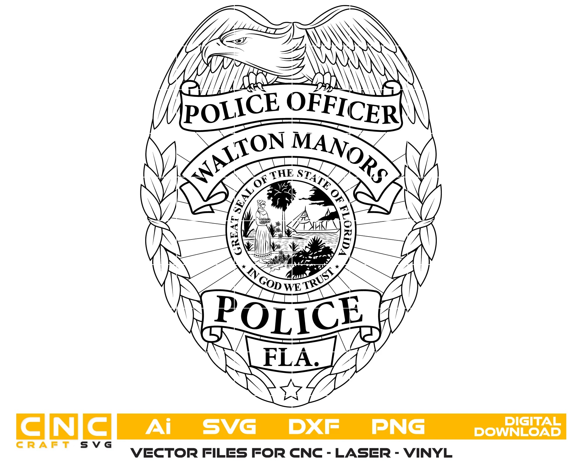 Walton Manors Police Badge SVG
Florida Law Enforcement Vector
Walton Manors Officer Shield Emblem
Officer Plaque Engraving File
Walton Manors Police Sign CNC File