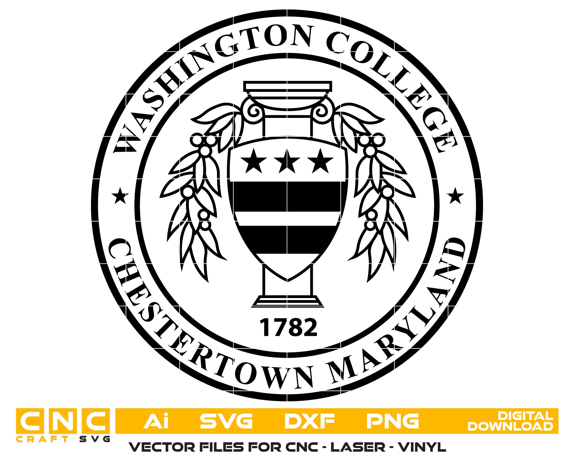 Washington College Seal Logo SVG
Chestertown Maryland University Vector
Historic College Shield Engraving File
Washington College Emblem Sign CNC File
Collegiate Seal Vector for Lasers