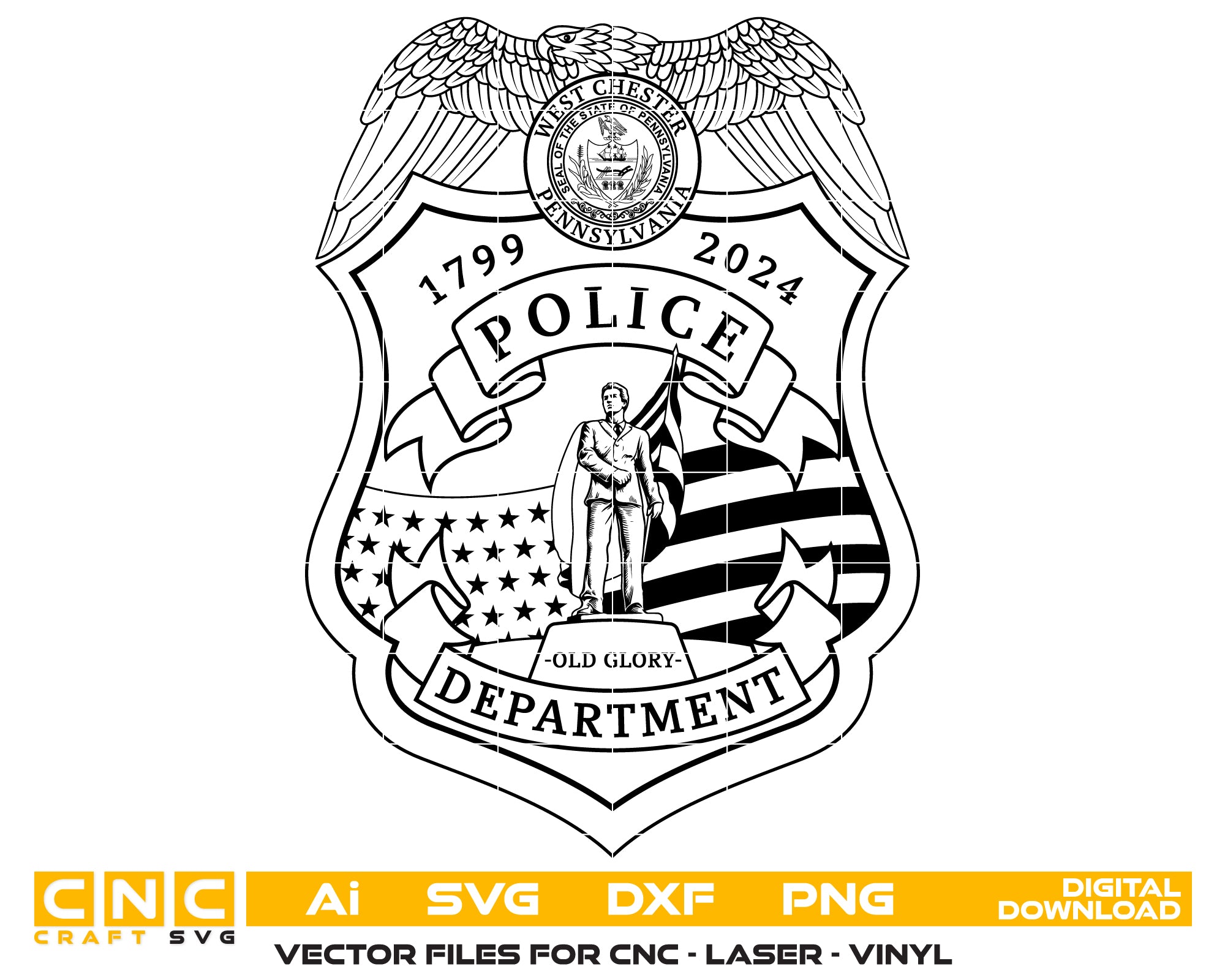West Chester PA Police Department Badge SVG
Pennsylvania Law Enforcement Commemorative Vector
Eagle Shield Police Badge Engraving File
West Chester Old Glory Sign CNC File
PA State Seal Badge Vector for Lasers
