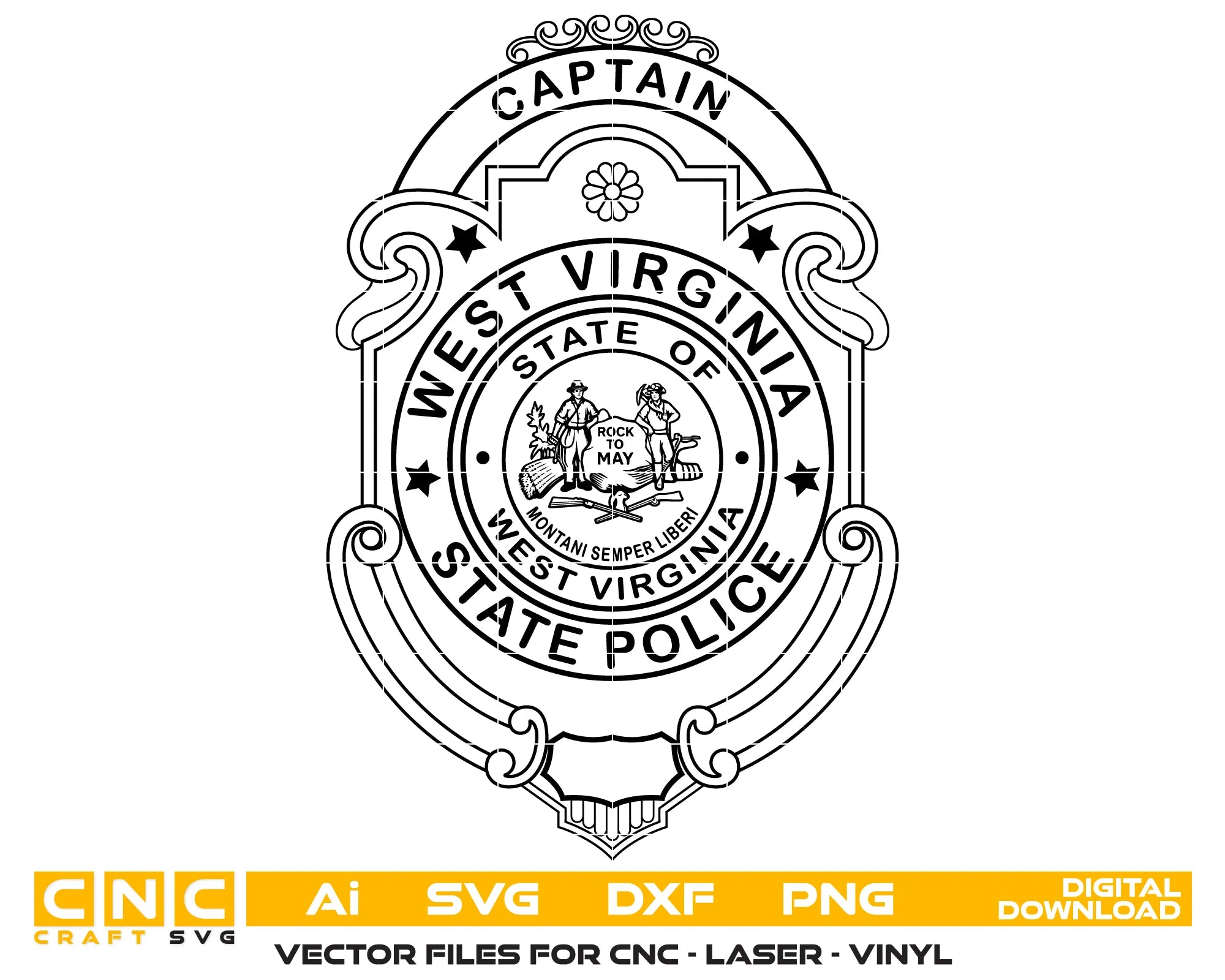 West Virginia State Police Badge SVG
WV Law Enforcement Vector
WV State Police Captain Emblem
Officer Plaque Engraving File
West Virginia Police Sign CNC File