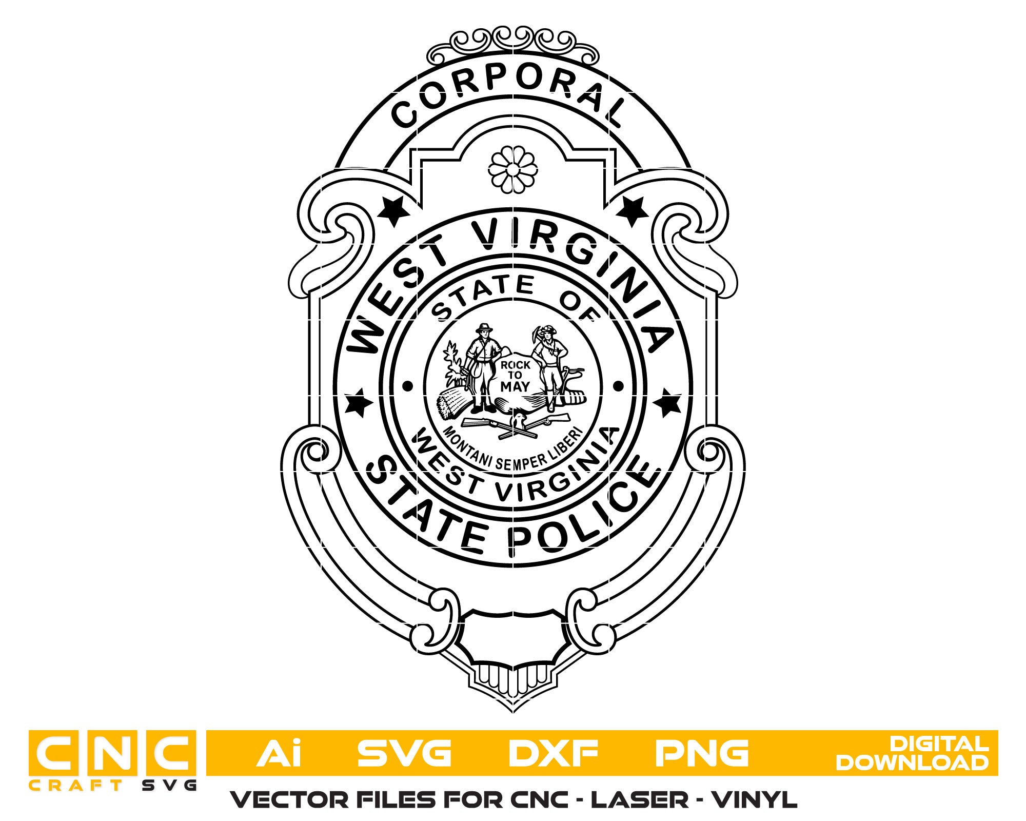 West Virginia State Police Corporal Badge SVG
WV Law Enforcement Vector Design
Corporal Police Badge Engraving File
West Virginia State Seal Sign CNC File
State Police Badge Vector for Laser Cutting