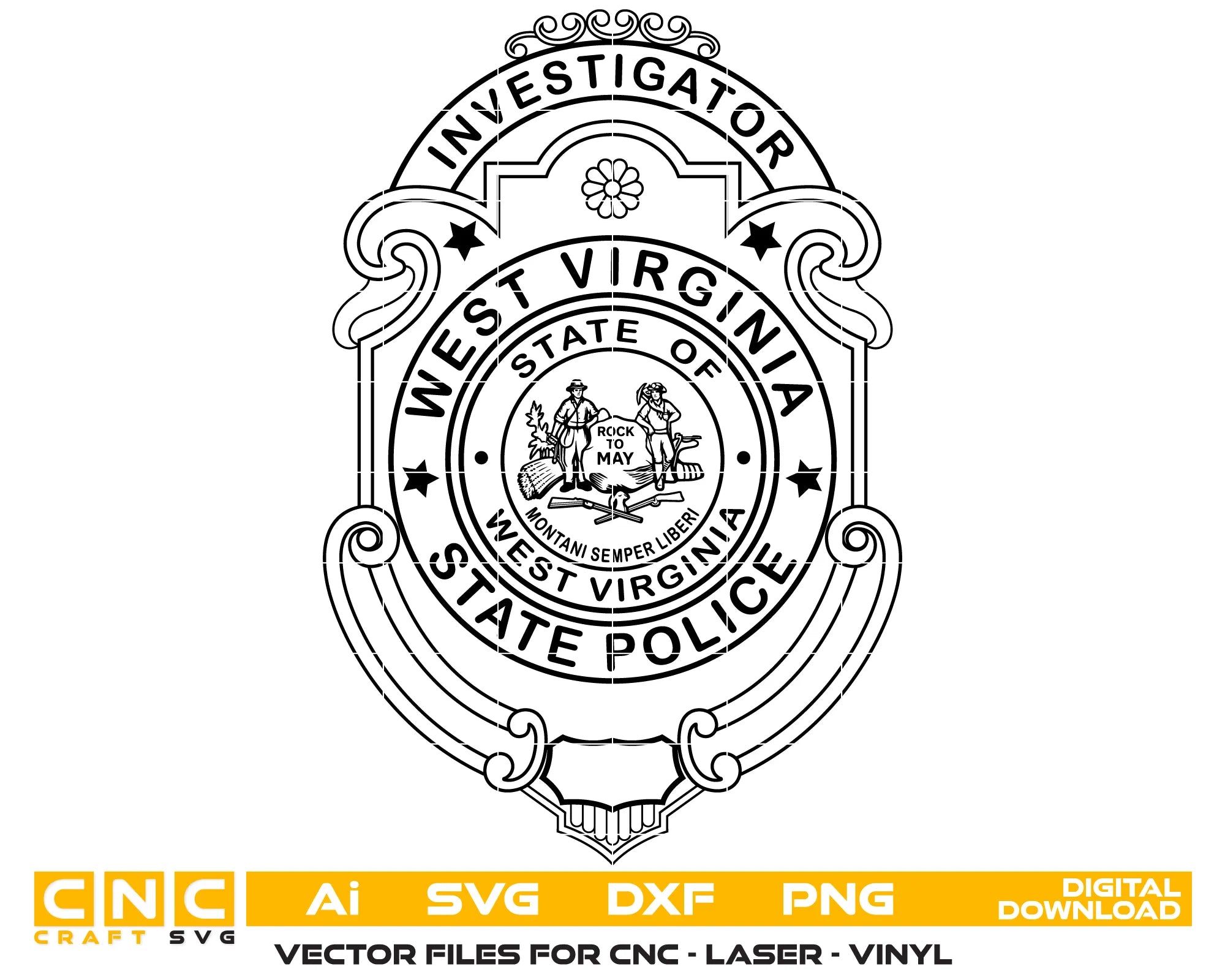 West Virginia State Police Investigator Badge SVG
WV Law Enforcement Vector
WV State Police Investigator Emblem
Officer Plaque Engraving File
West Virginia Police Sign CNC File