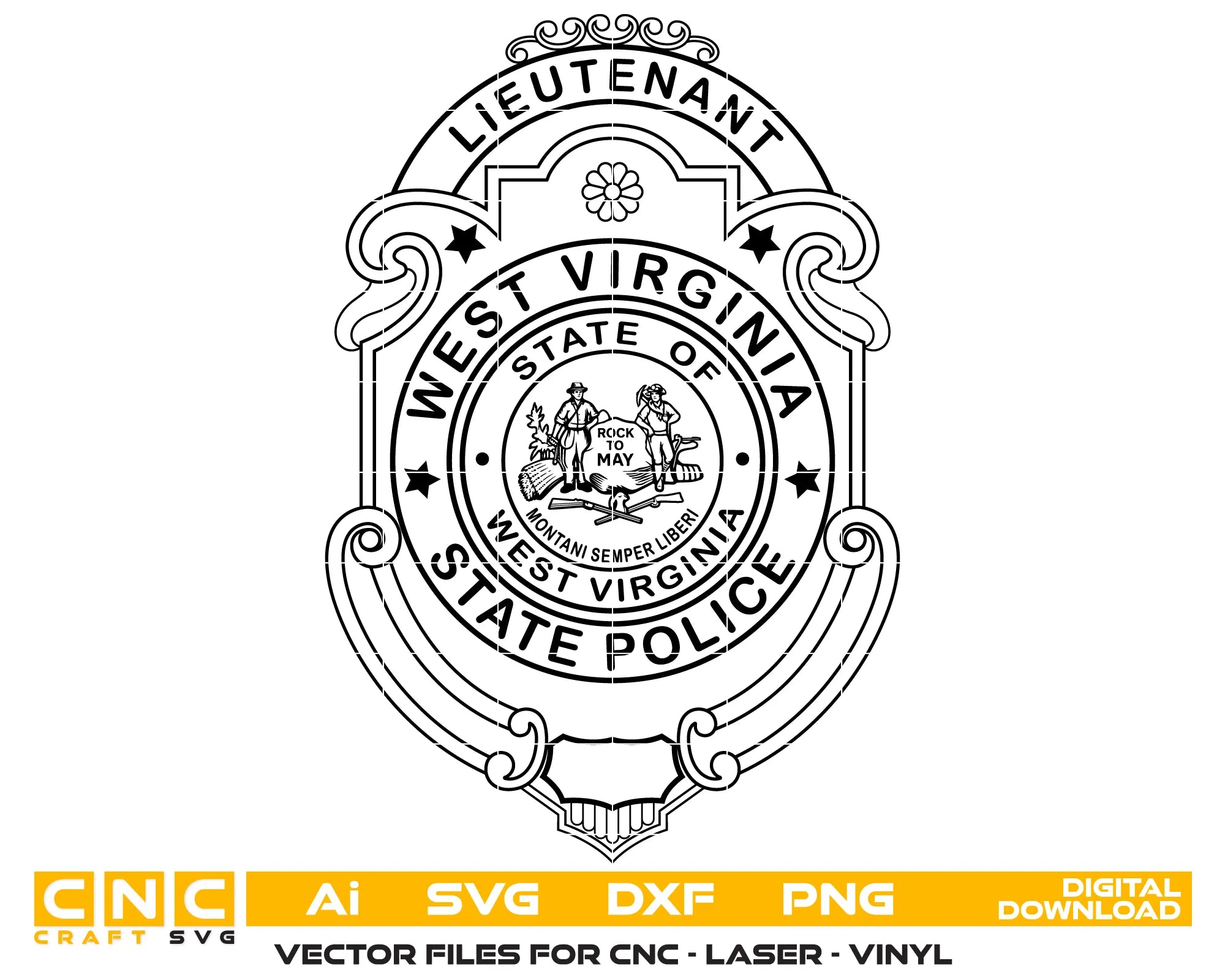 West Virginia State Police Lieutenant Badge SVG
WV Law Enforcement Vector
WV State Police Lieutenant Emblem
Officer Plaque Engraving File
West Virginia Police Sign CNC File