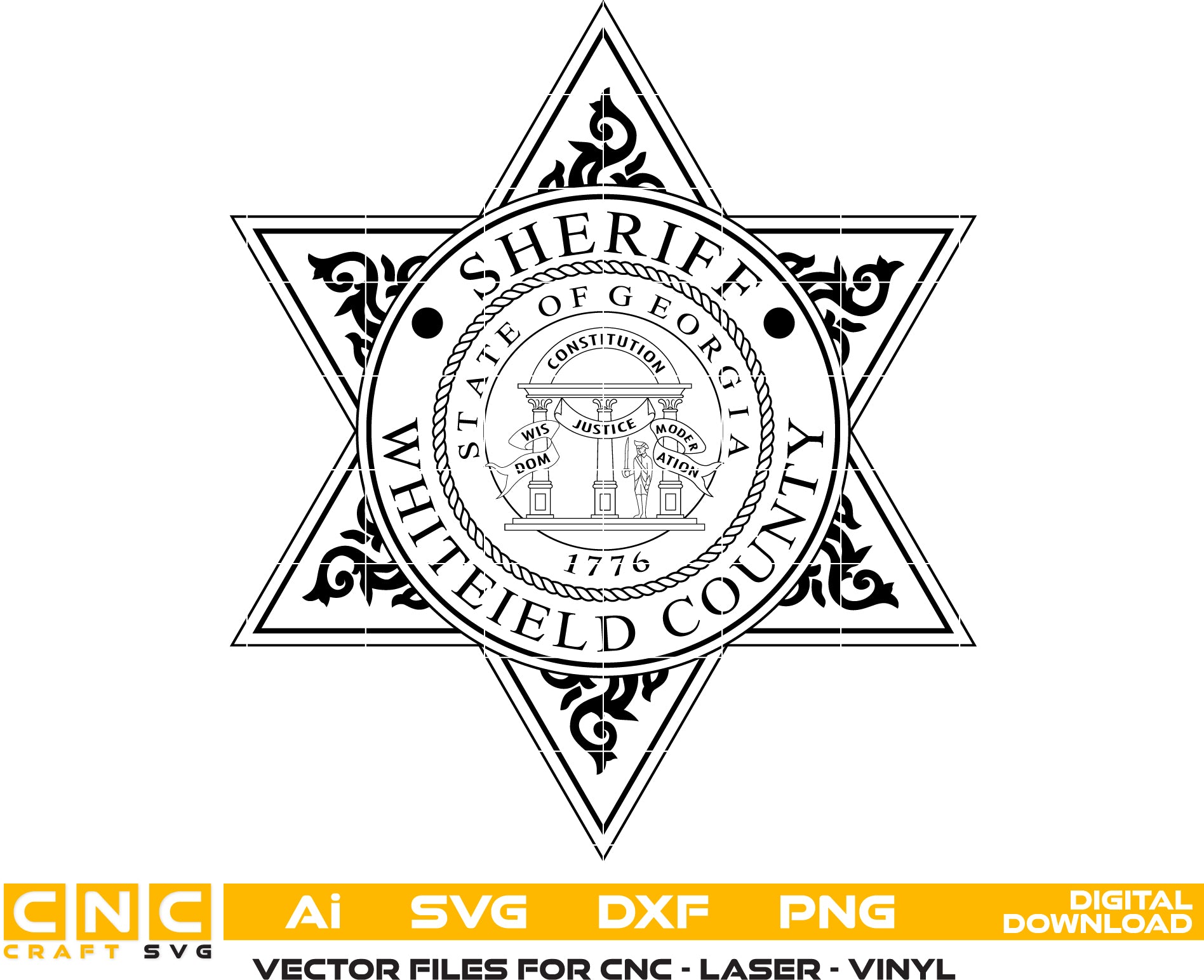 Whitfield County Sheriff Badge SVG
Georgia Law Enforcement Vector Design
5-Point Star Sheriff Badge Engraving File
Whitfield County GA Sign CNC File
State of Georgia Seal Vector for Laser Cutting