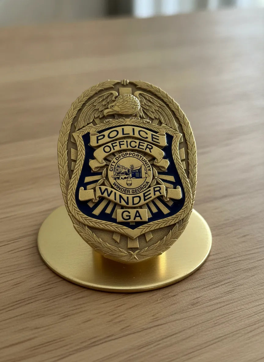 Winder GA Police Officer Badge SVG
Georgia Law Enforcement Shield Vector
City of Opportunity Seal Engraving File
Eagle Wreath Police Badge Sign CNC File
Police Shield Vector for Laser Engraving