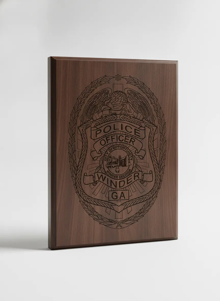 Winder GA Police Officer Badge SVG
Georgia Law Enforcement Shield Vector
City of Opportunity Seal Engraving File
Eagle Wreath Police Badge Sign CNC File
Police Shield Vector for Laser Engraving