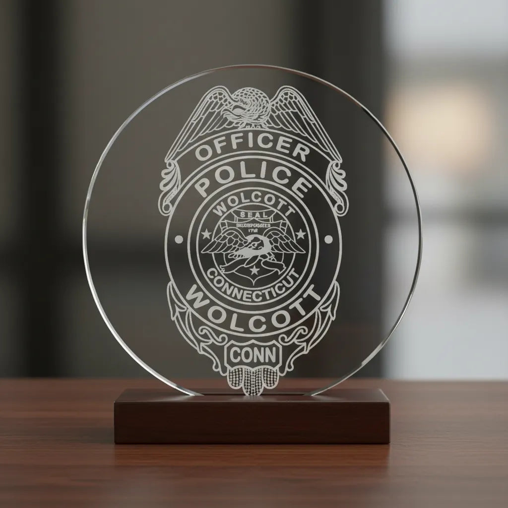 Wolcott Police Officer Badge SVG
Connecticut Law Enforcement Vector Design
Eagle Shield Police Badge Engraving File
Town of Wolcott CT Sign CNC File
Wolcott Seal Vector for Laser Cutting