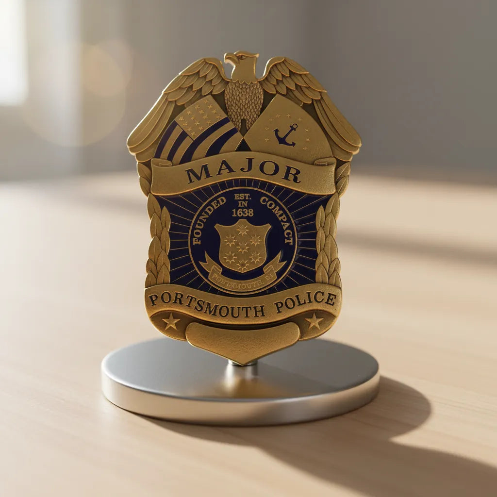 Gold police badge on a stand with 'Portsmouth Police' text