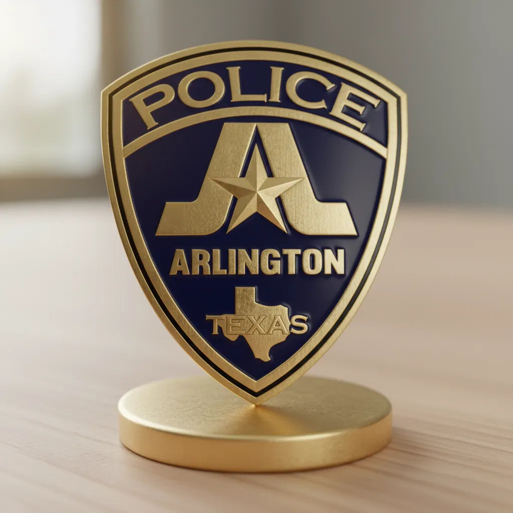Arlington Texas Police badge engraved on a polished walnut award plaque or a commemorative stainless steel coin.