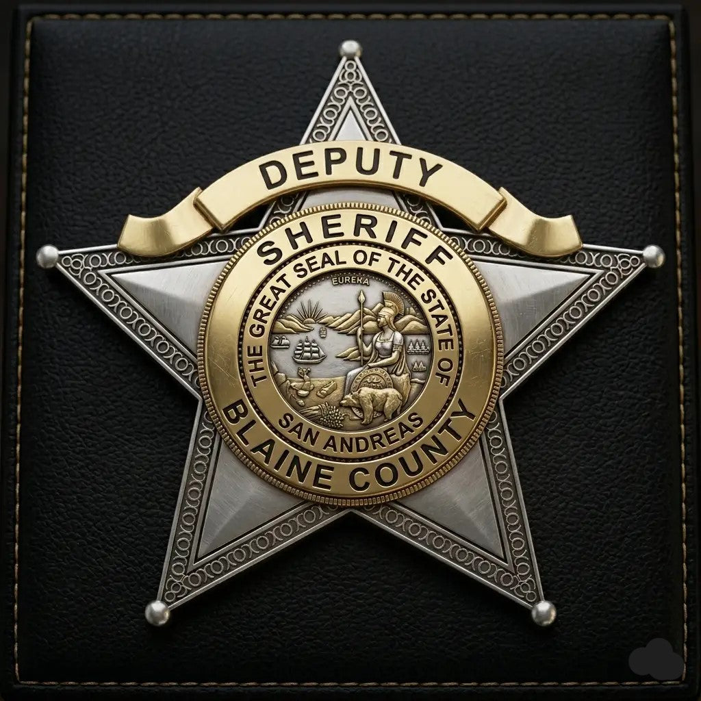 Blaine County Deputy Sheriff Badge SVG

San Andreas Law Enforcement Vector Design

Cosplay Sheriff Badge Engraving File

Gaming Room Decor Sign CNC File

7-Point Star Badge Vector for Laser Cutting