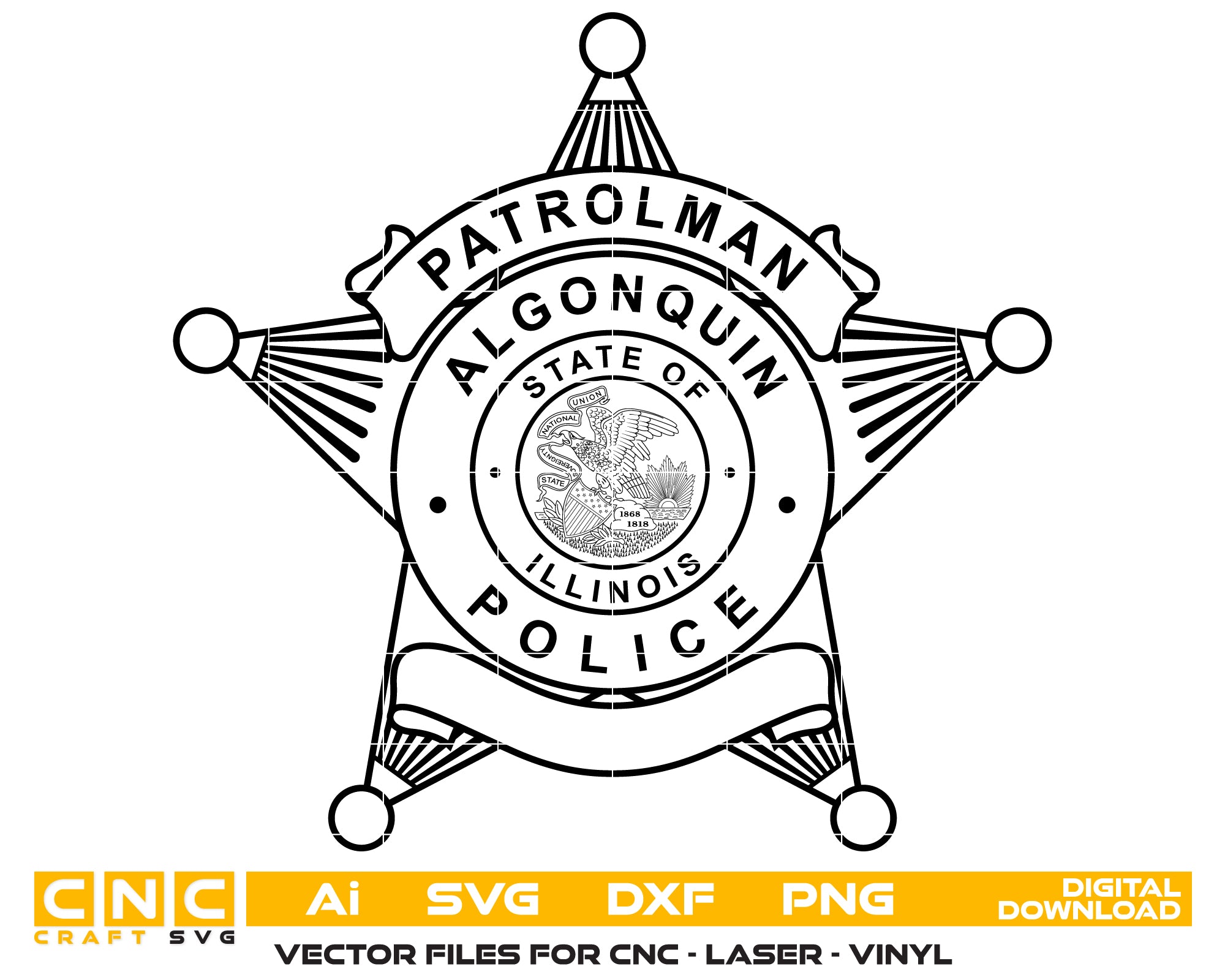 Algonquin Illinois Police Patrolman Badge SVG, Algonquin Police Badge Vector, Illinois Patrolman Emblem SVG, Law Enforcement Badge File, Algonquin PD SVG