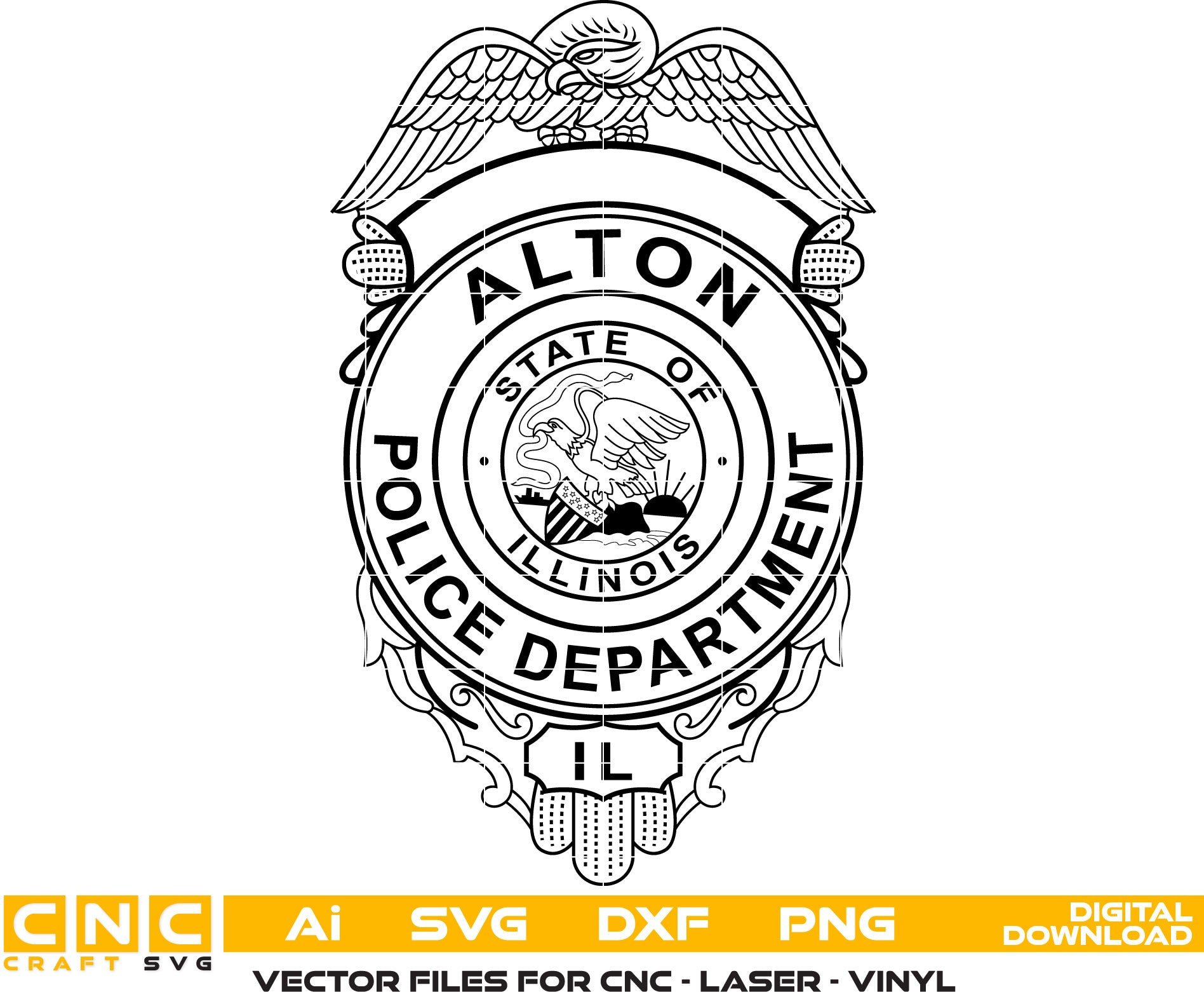 Alton Police Badge Vector art Svg, Dxf, Jpg, Png and Ai files For laser engraving, woodworking, acrylic painting, and all printing machines.