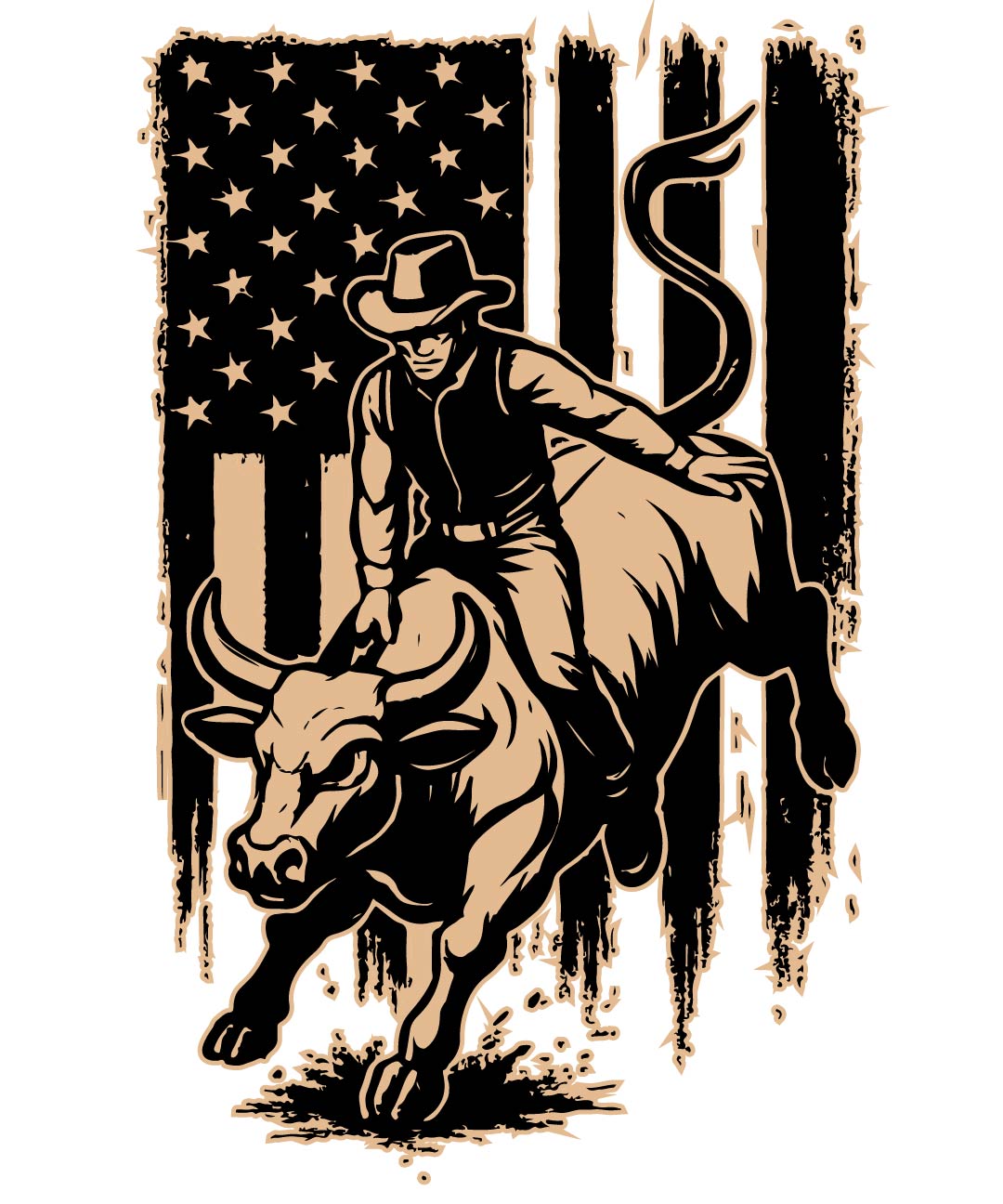 Rodeo rider on a bucking bull with an American flag in the background