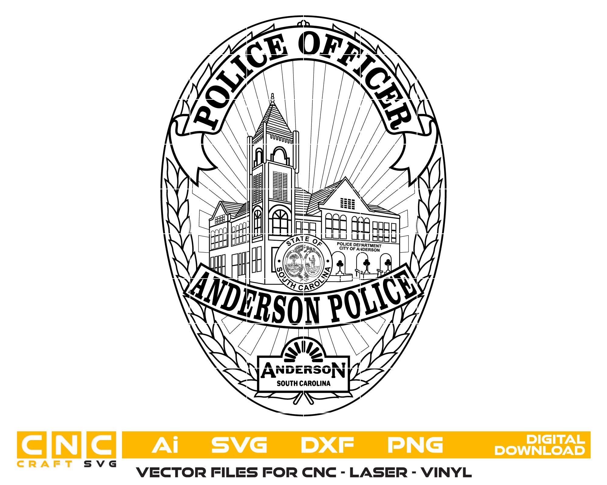 Anderson Police Officer Badge SVG, Anderson South Carolina Police Badge Vector, Anderson Police Emblem SVG, SC Police Officer Badge Vector, Anderson Law Enforcement SVG