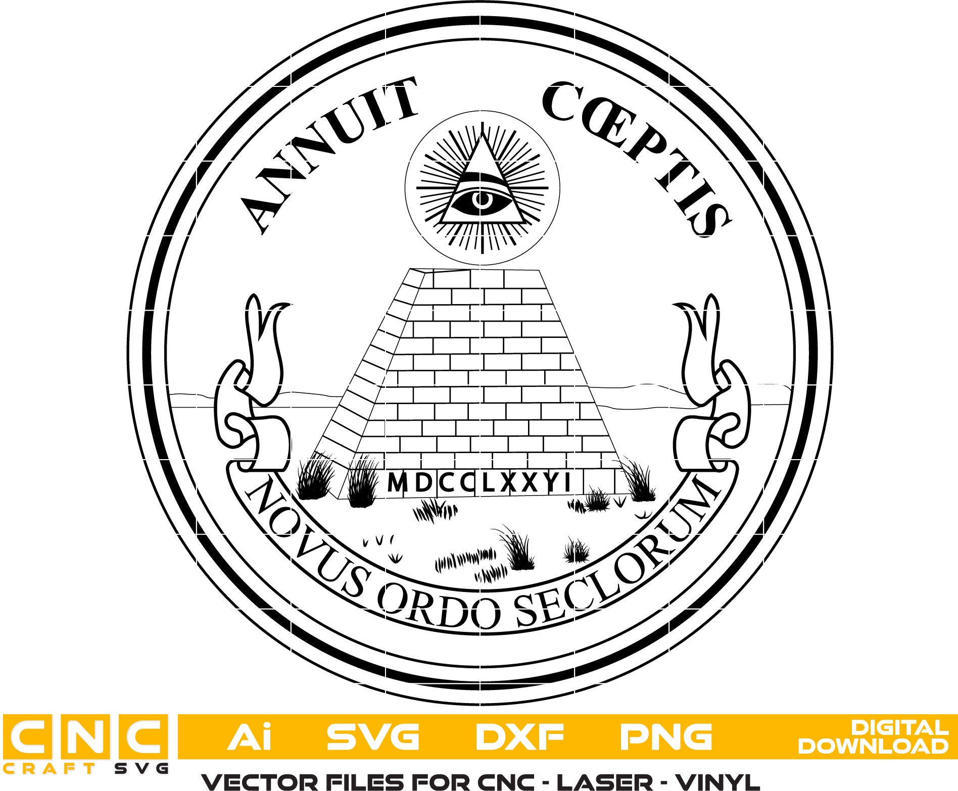 Annuit Cœptis Logo Vector art Svg, Dxf, Jpg, Png, and Ai files For laser engraving, woodworking, acrylic painting, and all printing machines.