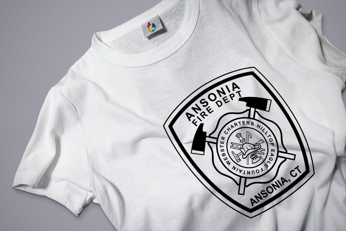 White t-shirt with Ansonia Fire Department logo on a gray 
background
Ansonia Fire Dept logo mockup