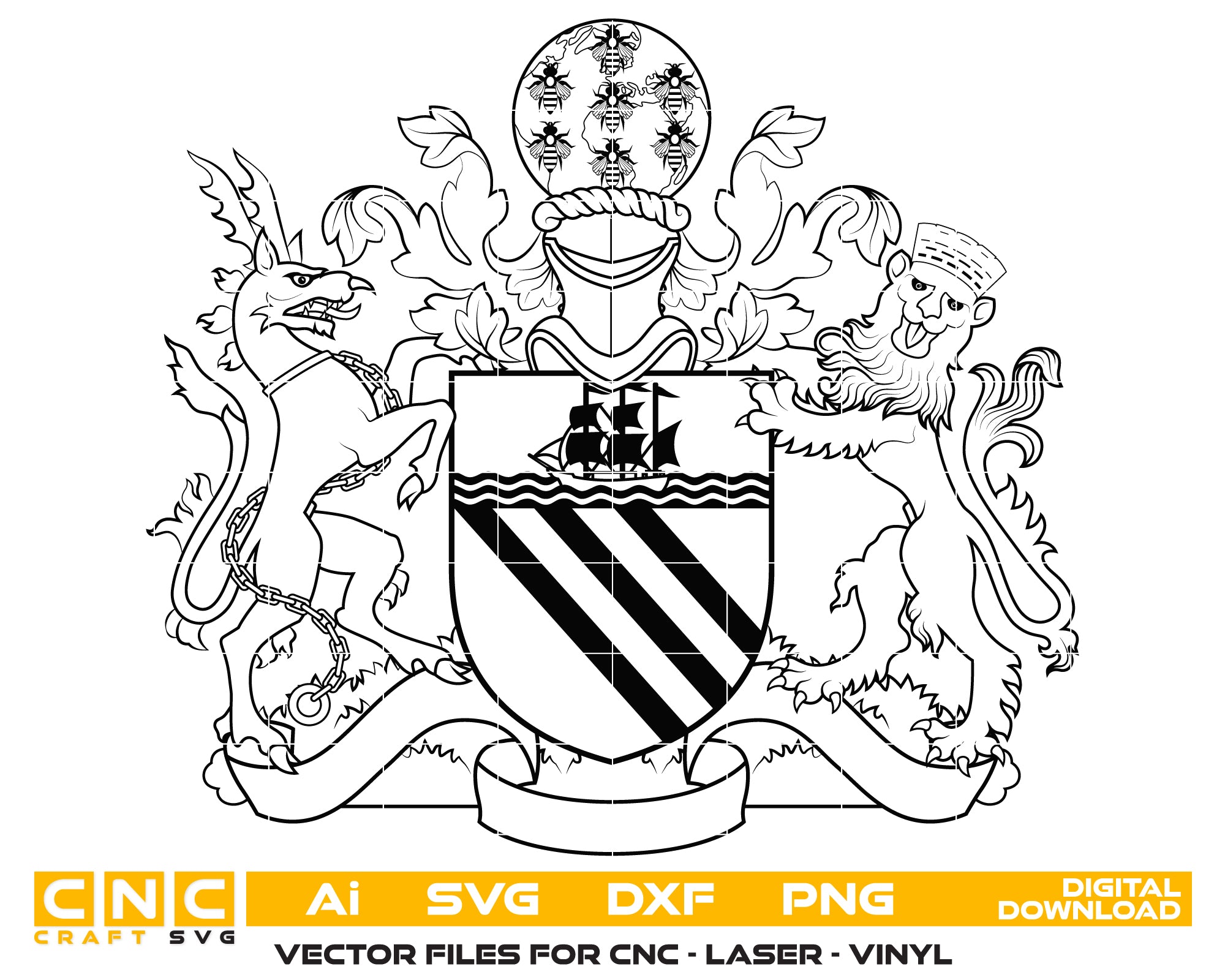 Arms of the City of Manchester Crest SVG, Manchester Coat of Arms Vector, Manchester City Emblem, Historic Manchester Crest SVG, City Arms Vector File
