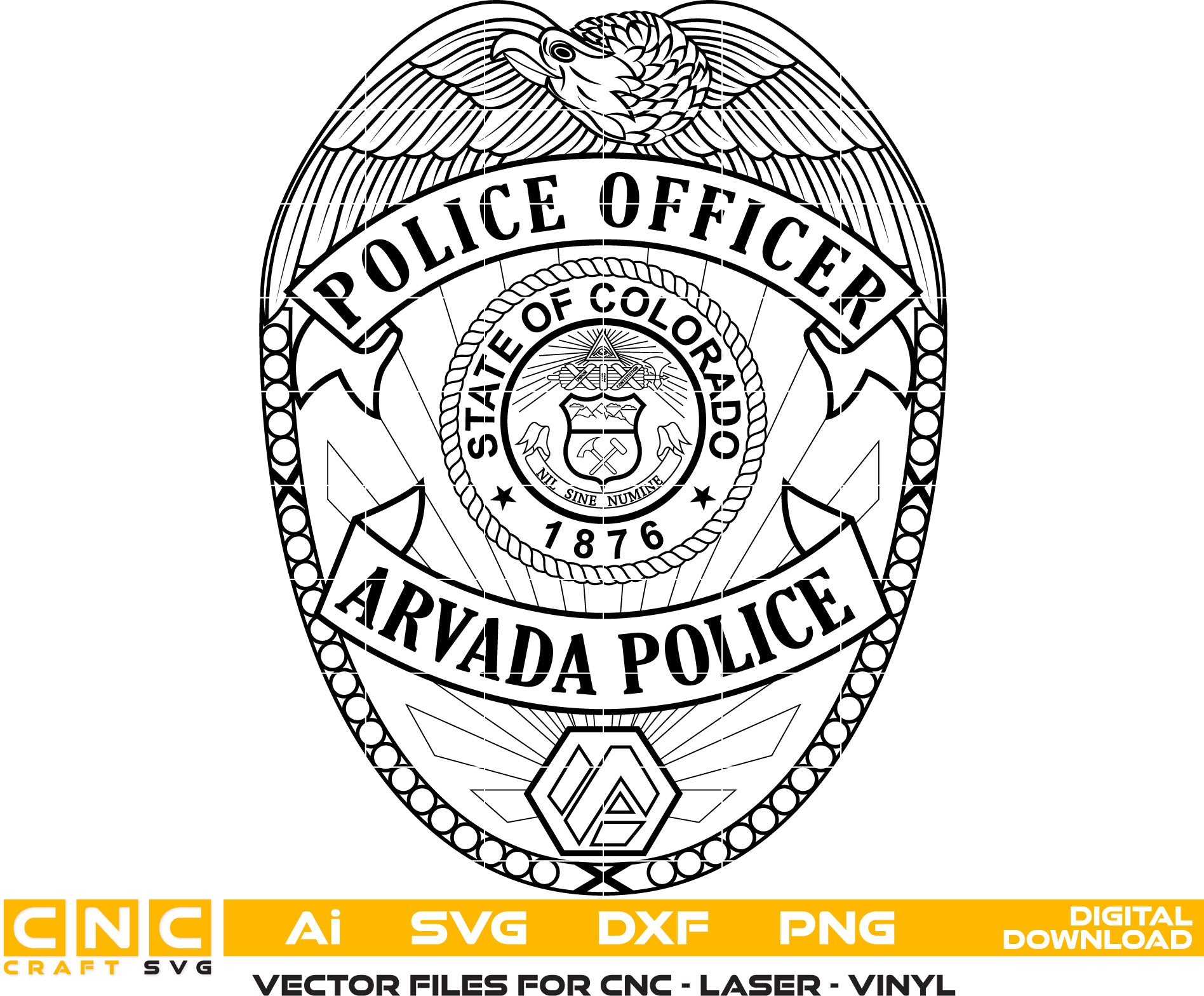 Arvada Police Officer Badge Vector art Svg/ Dxf/ Jpg/ Png/ and Ai files For laser engraving/ woodworking/ acrylic painting and all printing machines.