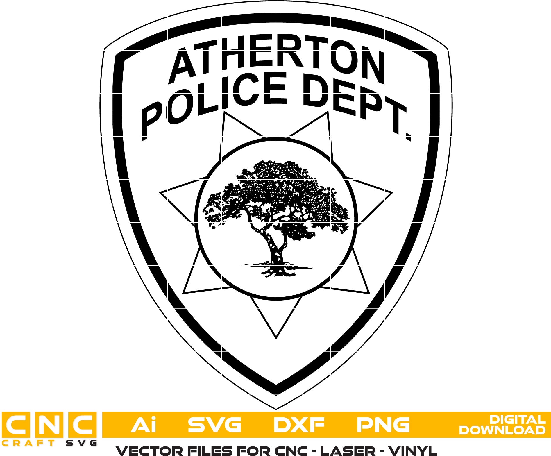 Atherton Police Badge Vector art Svg, Dxf, Jpg, Png and Ai files For laser engraving, woodworking, acrylic painting, and all printing machines.