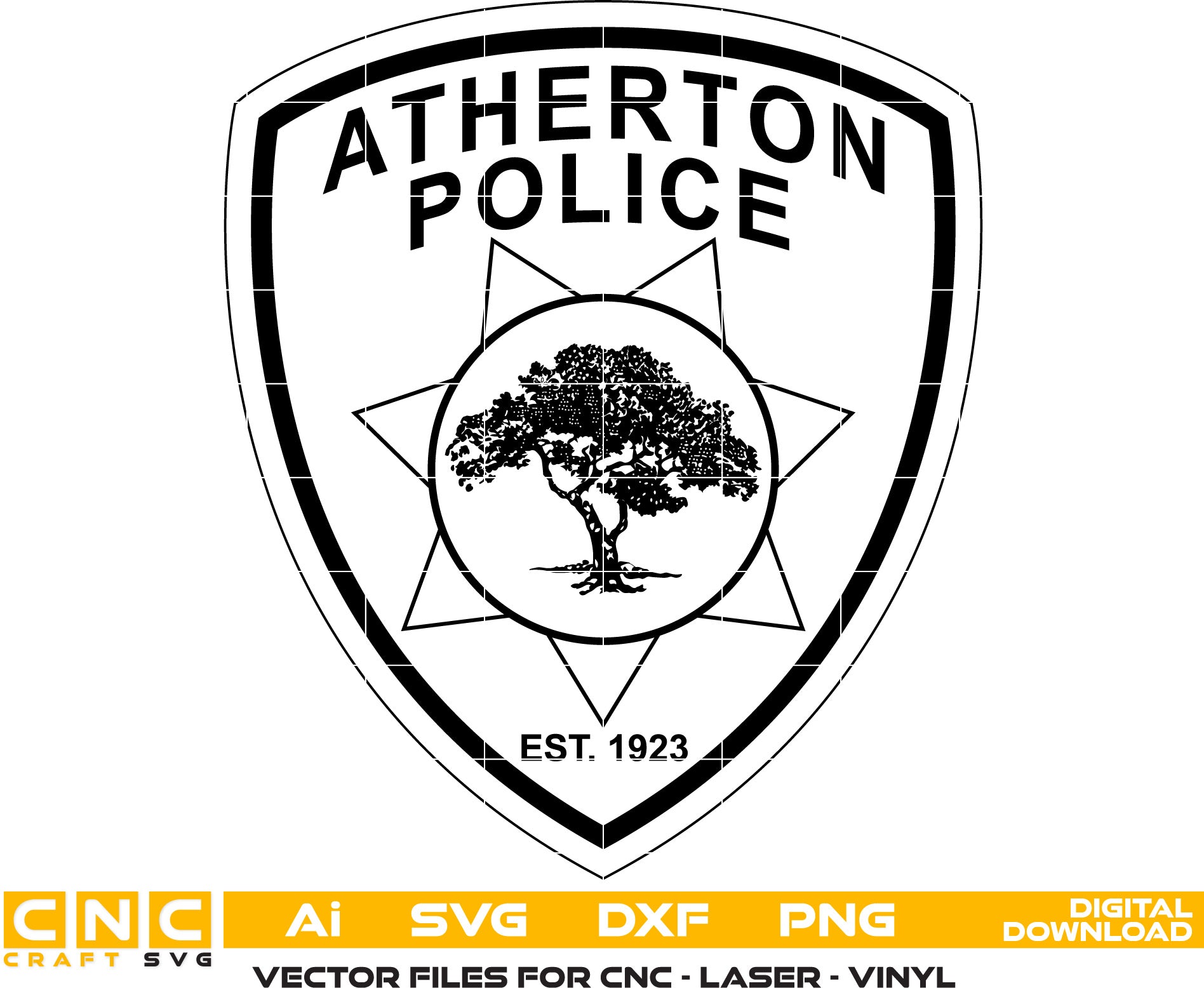 Atherton Police Badge Black white Vector art Svg, Dxf, Jpg, Png and Ai files For laser engraving, woodworking, acrylic painting, and all printing machines.