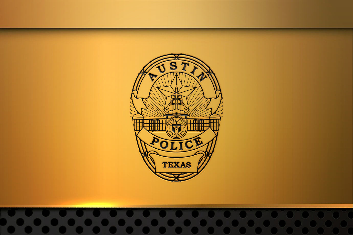 Austin Police Department logo on a gold background
Austin Police Department badge on a gold background