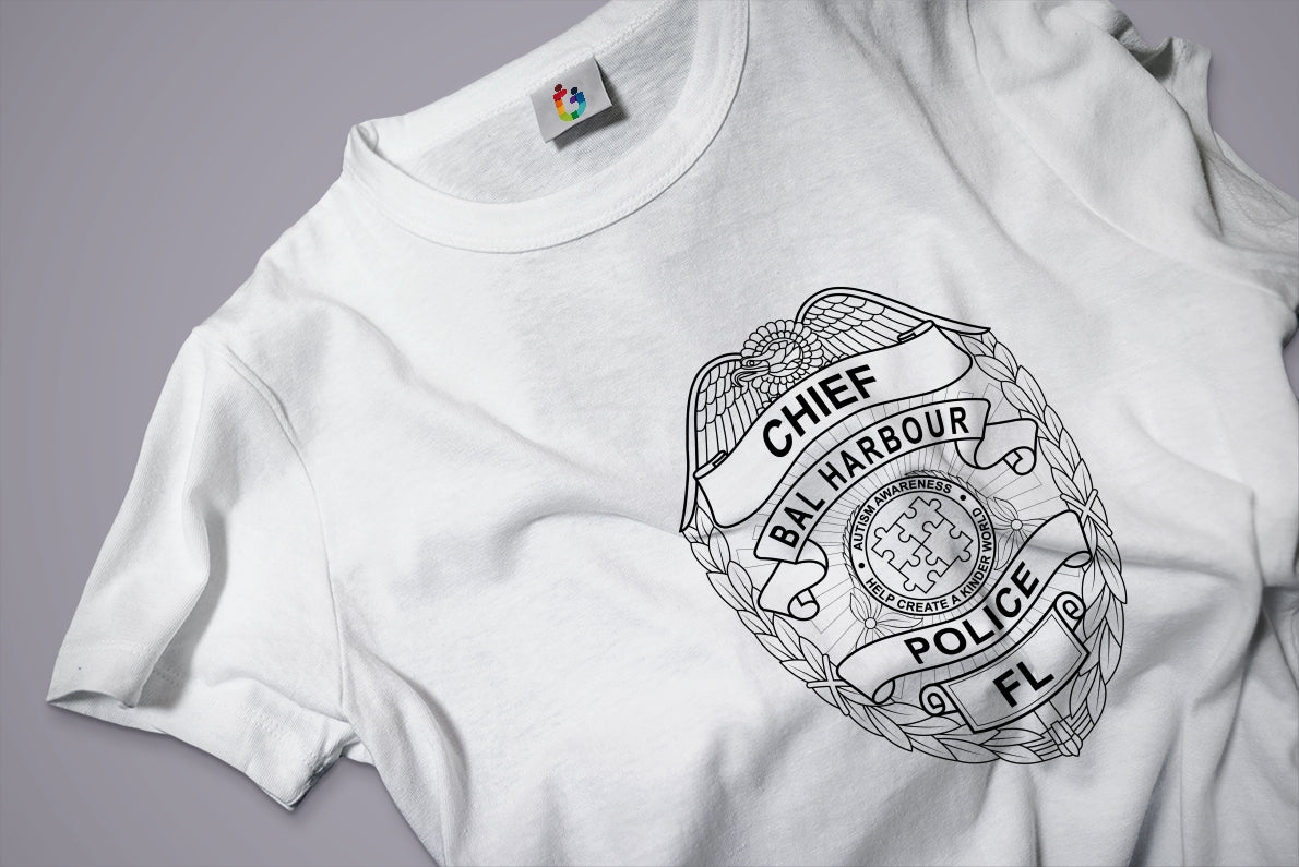 White t-shirt with a black police badge design on a gray background
t-shirt design
police badge t-shirt design
t-shirt mockup 
