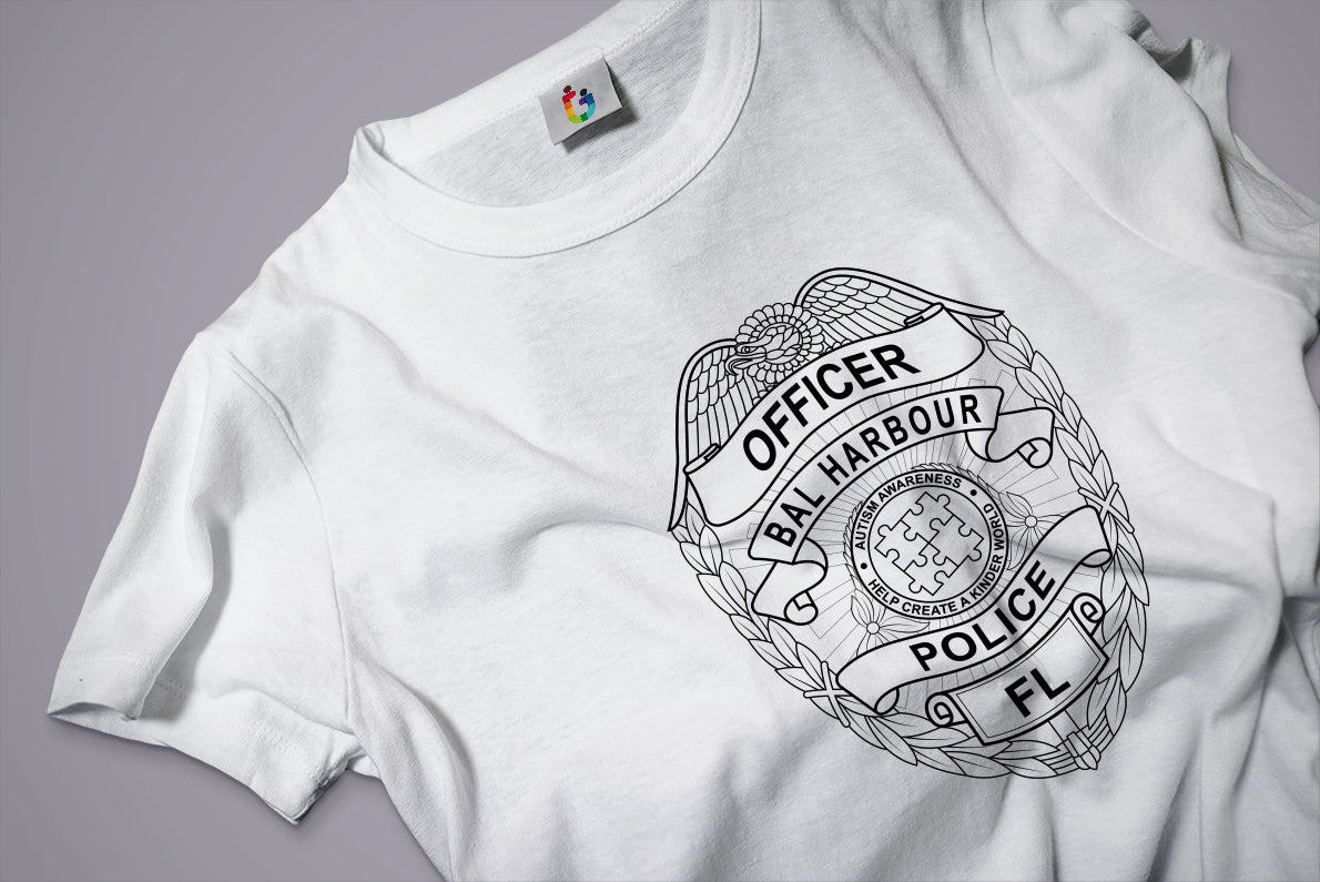 White t-shirt with Bal Harbour Police badge design on a gray background
t-shirt with Bal Harbour Police badge design
t-shirt with Bal Harbour Police badge
 Bal Harbour Police badge