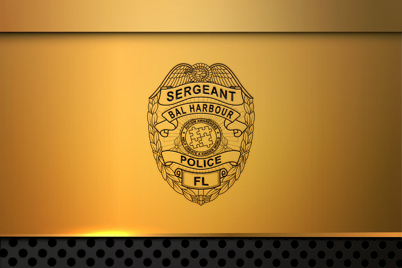 Sergeant badge from Bal Harbour Police Department on a gold background
Police Department on a gold background
mockup golden wall
engraving police badge