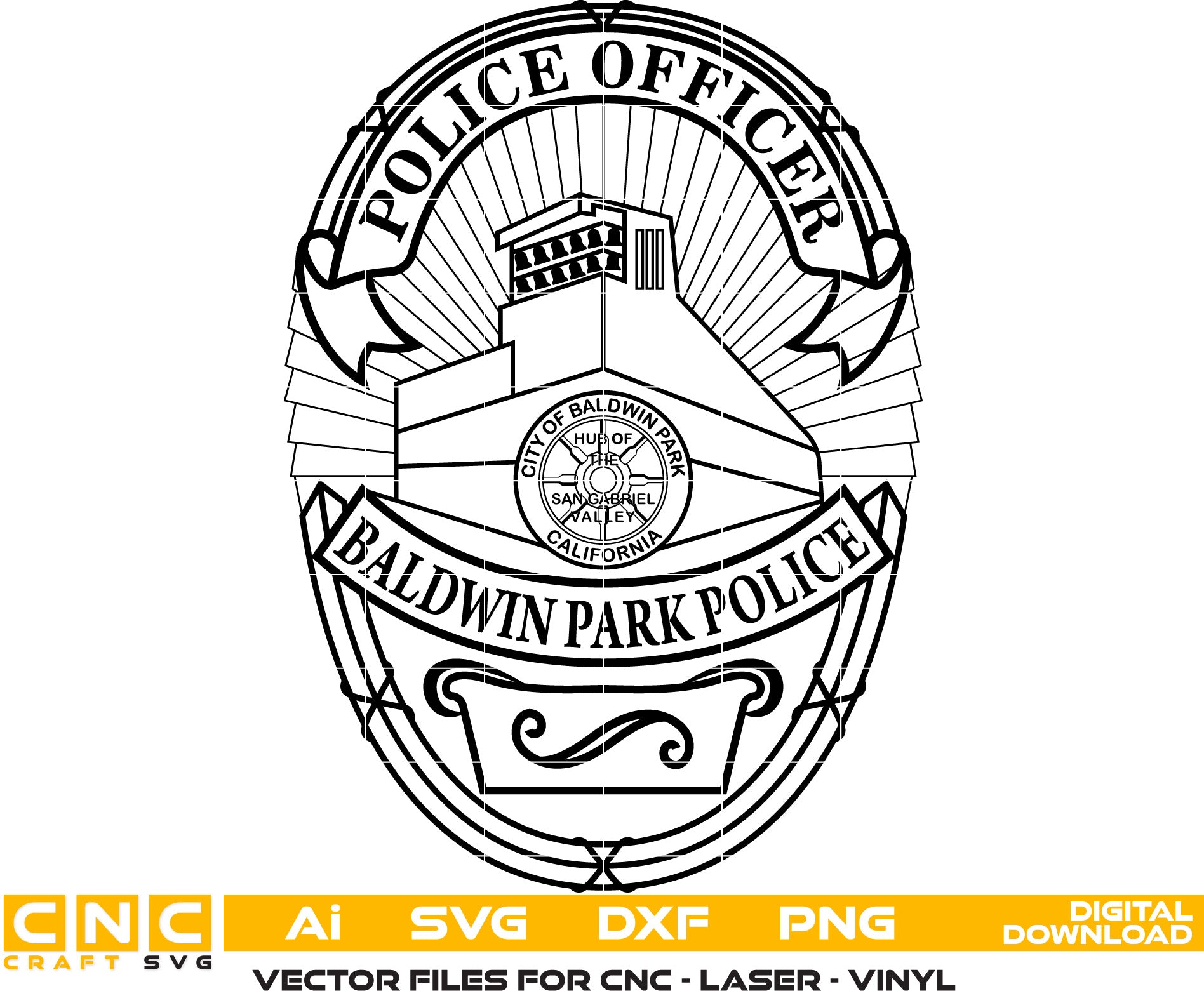 Baldwin Park Police  Officer Badge Vector Art, Ai,SVG, DXF, PNG, Digital Files for Laser Engraving, Woodworking & Printing