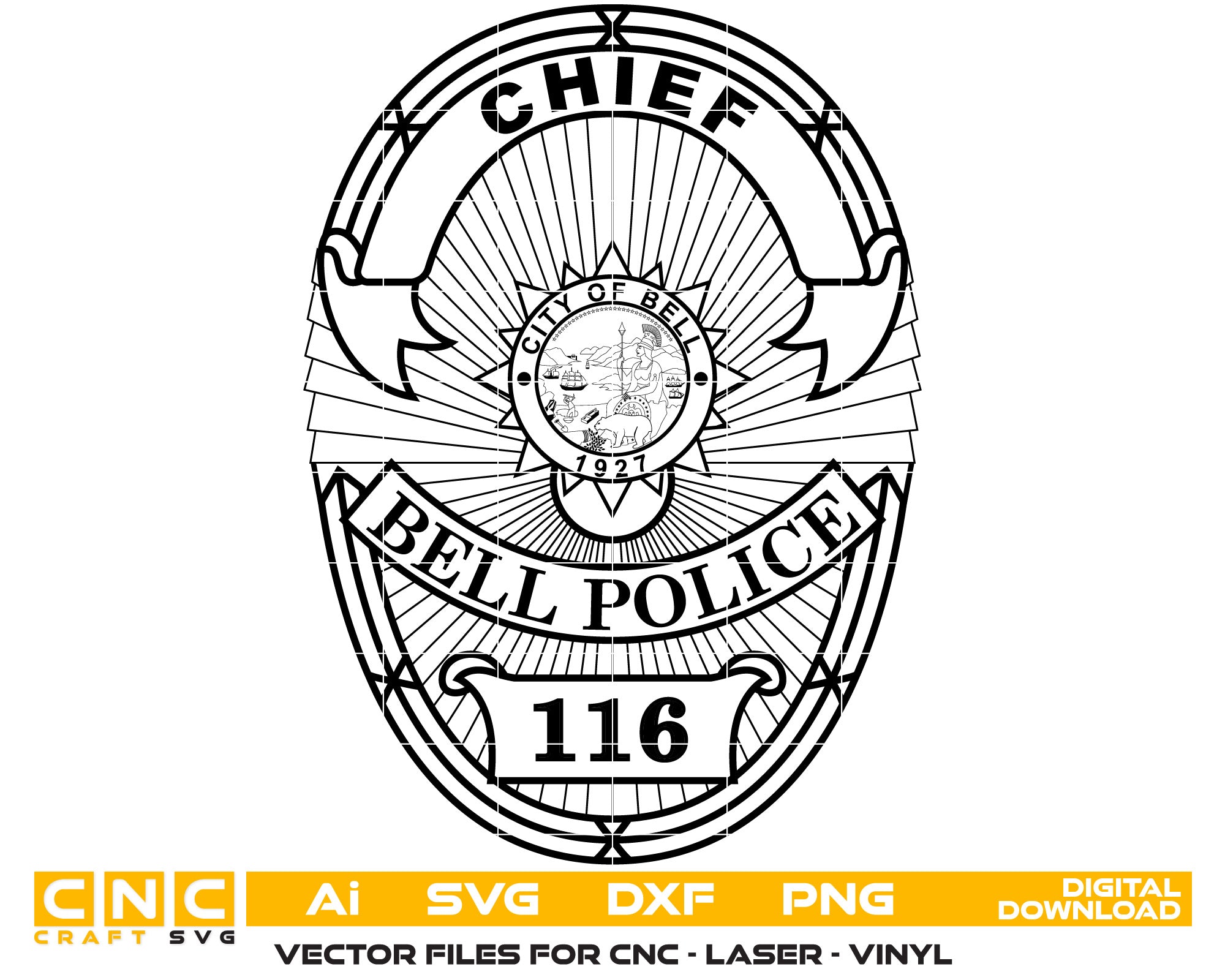 Bell Police Officer Badge Vector Art, Ai,SVG, DXF, PNG, Digital Files