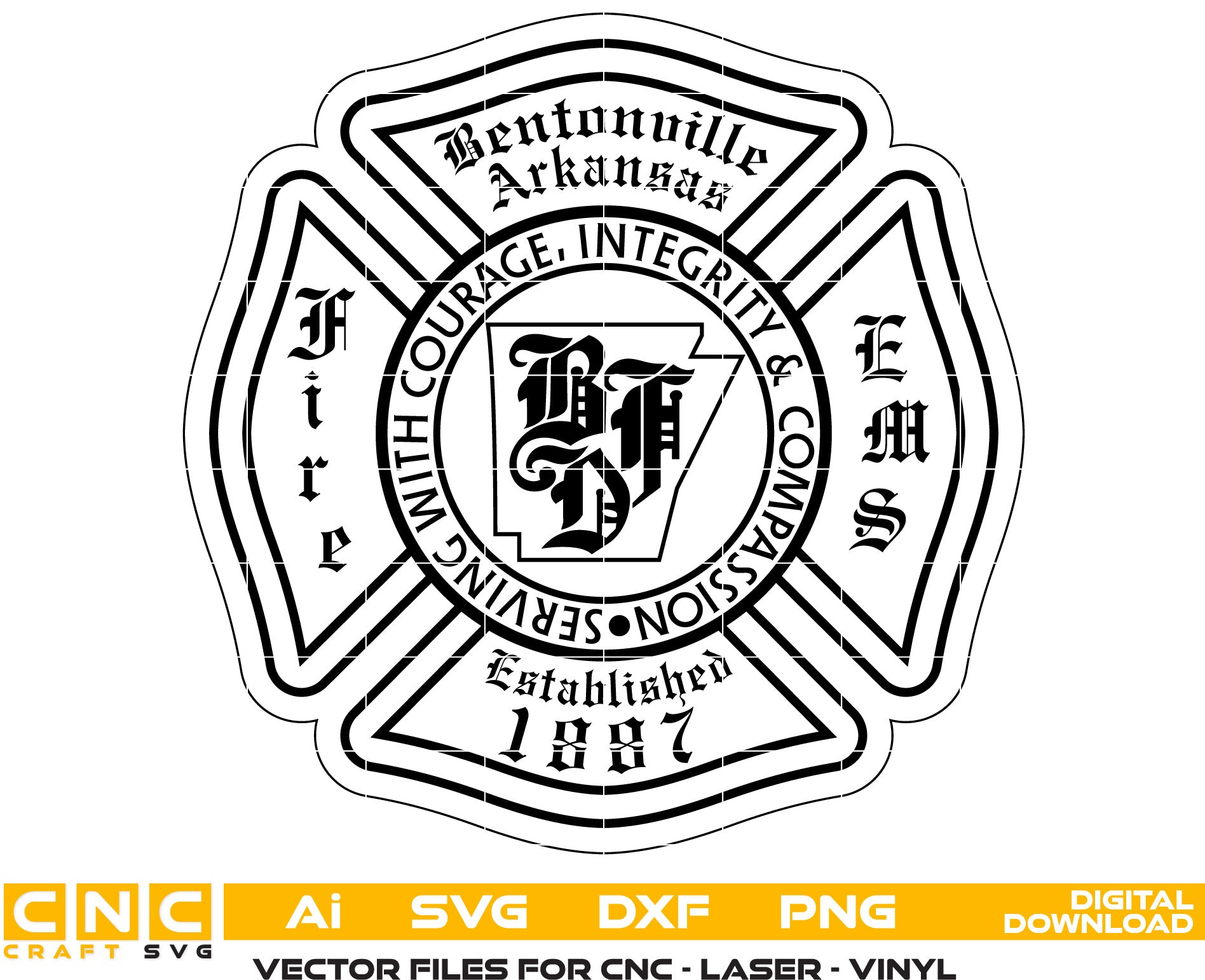 Bentonville Arkansas Fire Ems Badge Vector Art, Bentonville fire dept. badge, Fire dept. badge