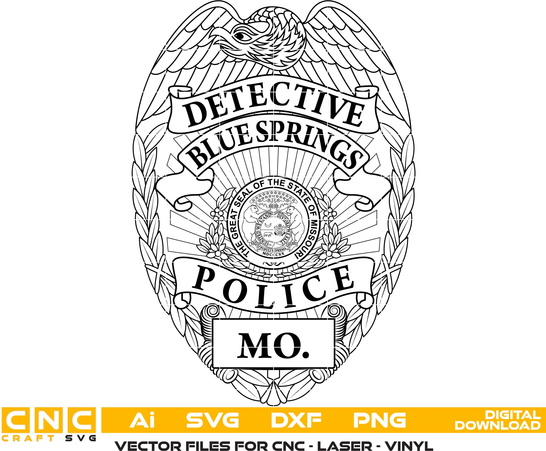 Blue Springs Police Detective  Badge, Missouri Police Officer Badge Vector art Svg, Dxf, Jpg, Png and Ai files For laser engraving, woodworking, acrylic painting, and all printing machines.