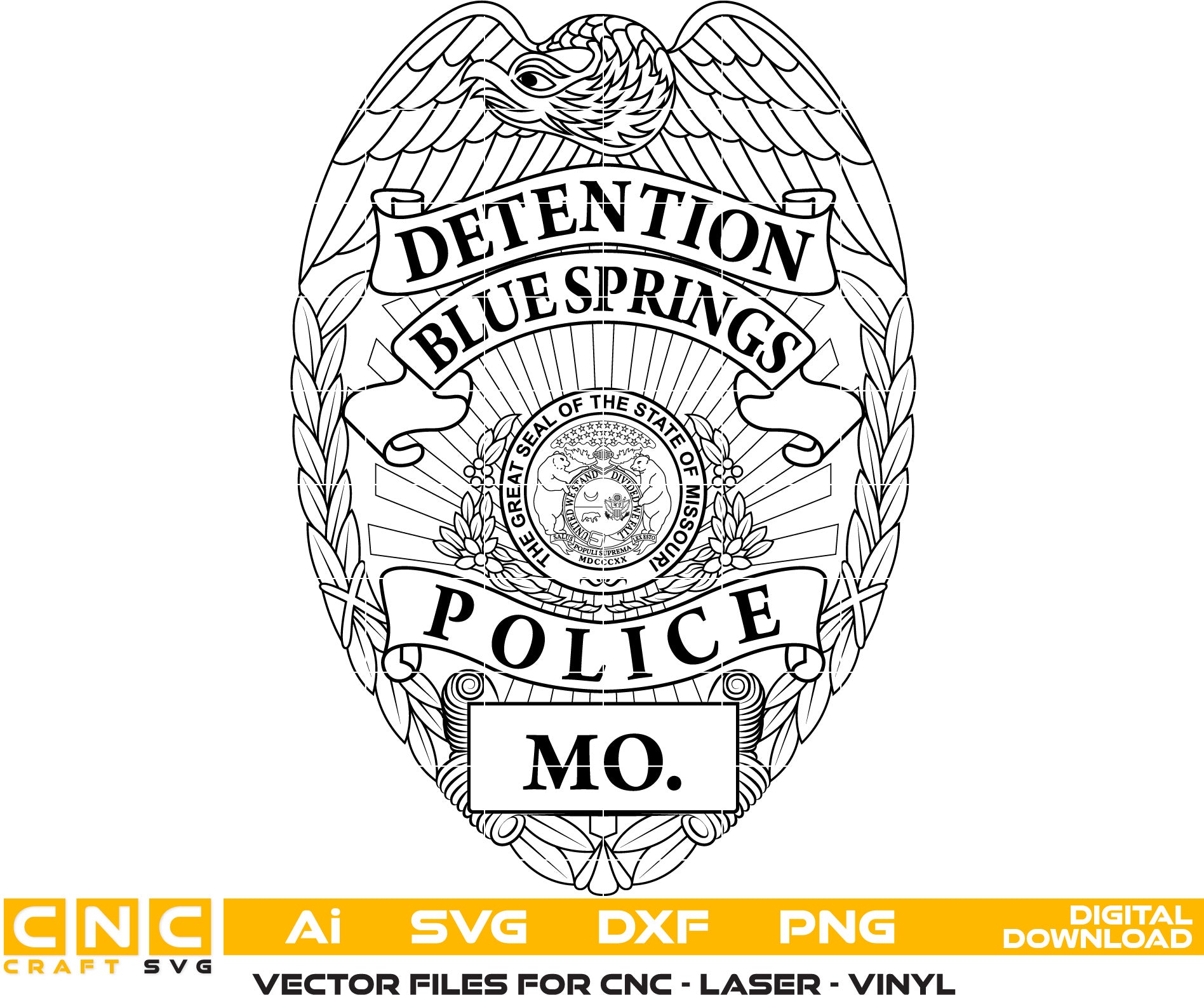 Blue Springs Police Detention Badge, Missouri Police Officer Badge Vector art Svg, Dxf, Jpg, Png and Ai files For laser engraving, woodworking, acrylic painting, and all printing machines.