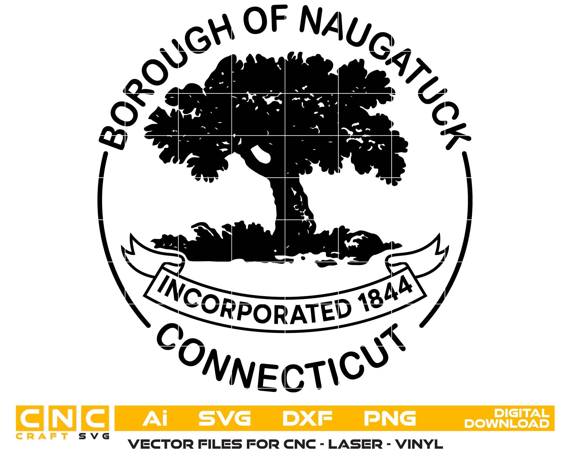 Borough of Naugatuck Connecticut Seal SVG digital download, municipal emblem vector design for Cricut, Silhouette, CNC, engraving, and local government crafts.
