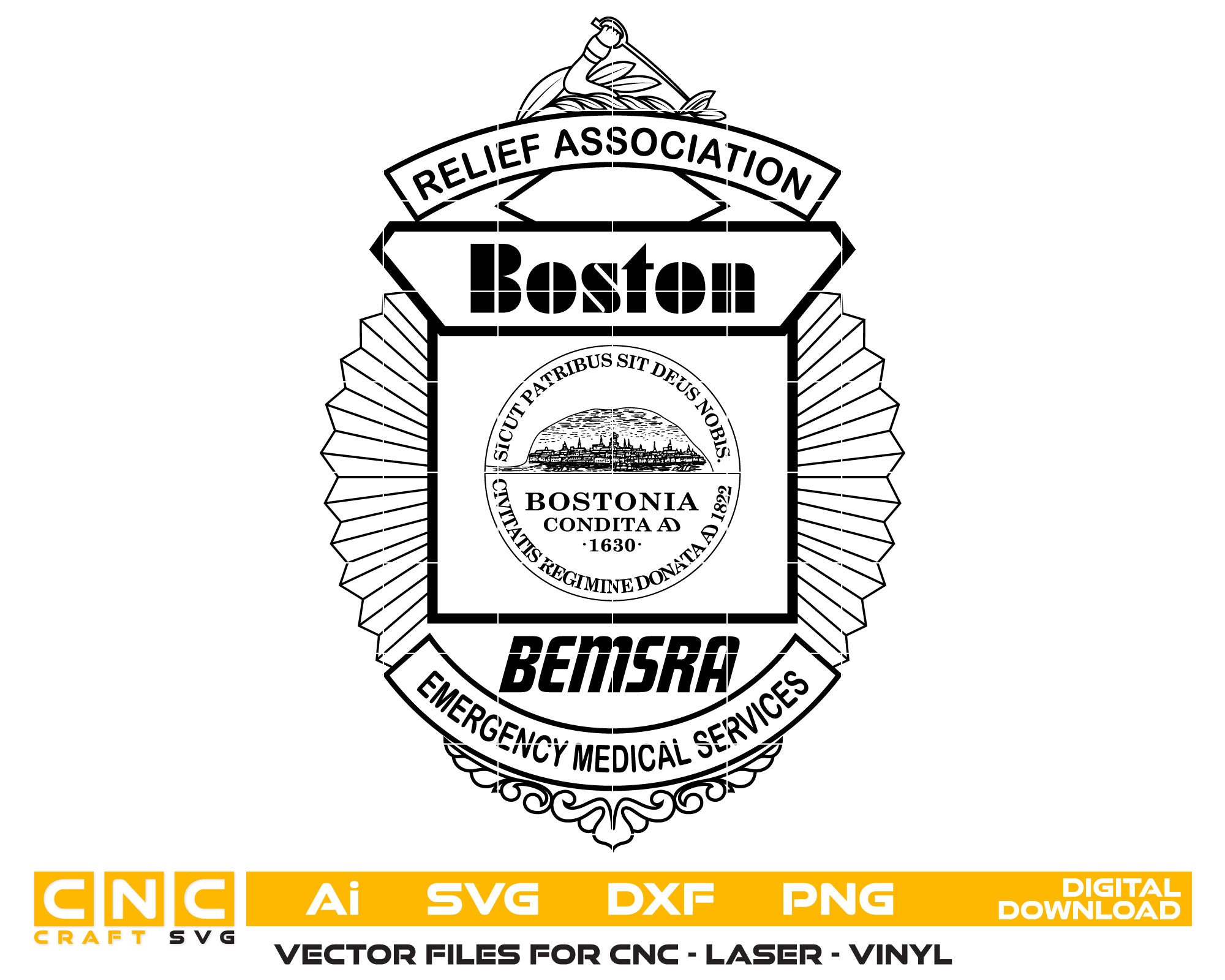 Boston EMS Relief Association Logo SVG, Boston EMS Logo Vector, EMS Relief Association Logo SVG, Emergency Medical Services Emblem, EMS Seal Vector, Logo Engraving File