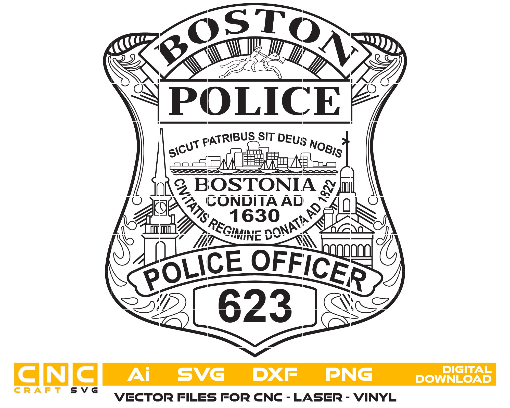 Boston Police Officer Badge Vector Art, Ai,SVG, DXF, PNG, Digital Files
