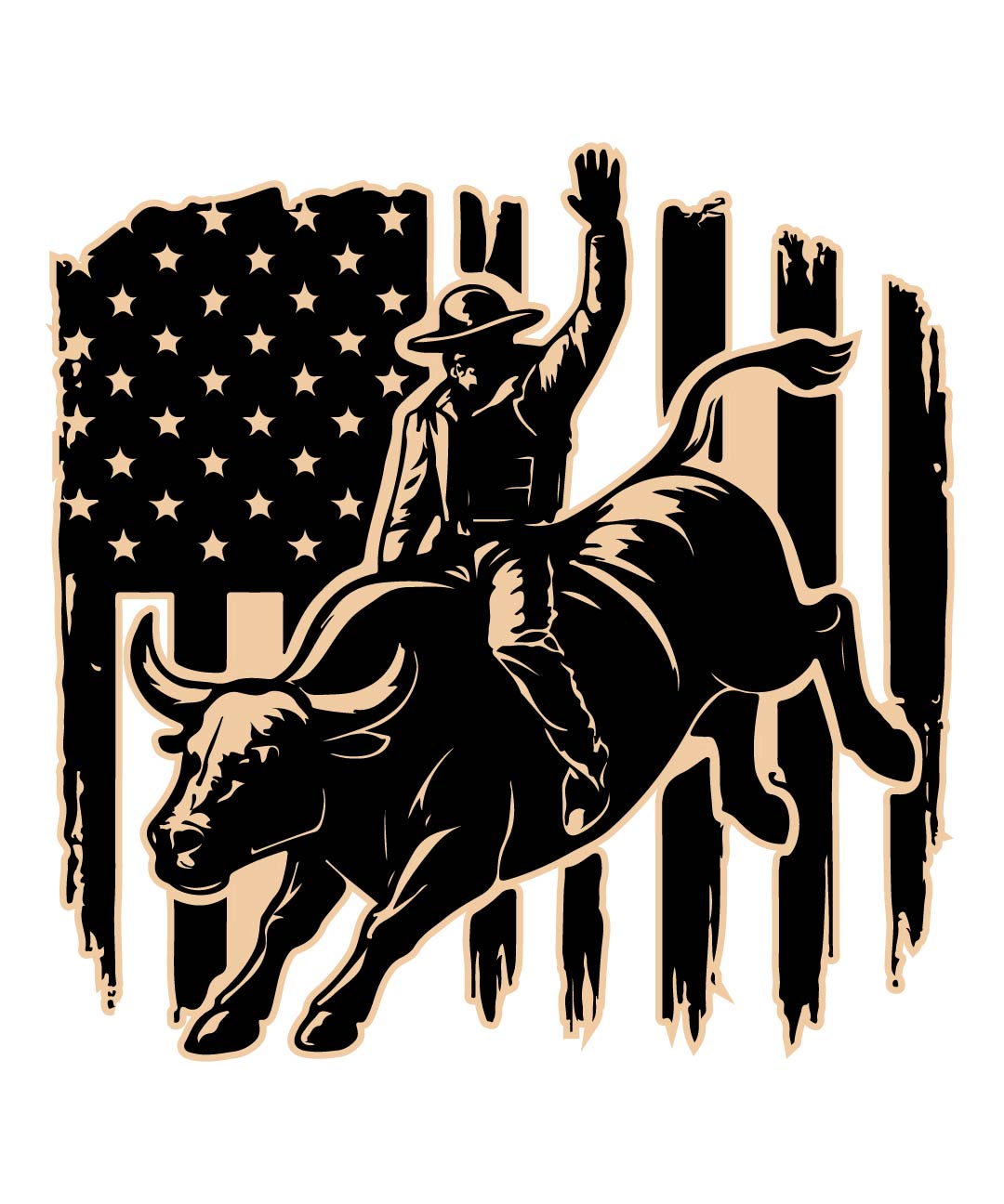 Black silhouette of a bull rider on a bucking bull with an American flag in the background
